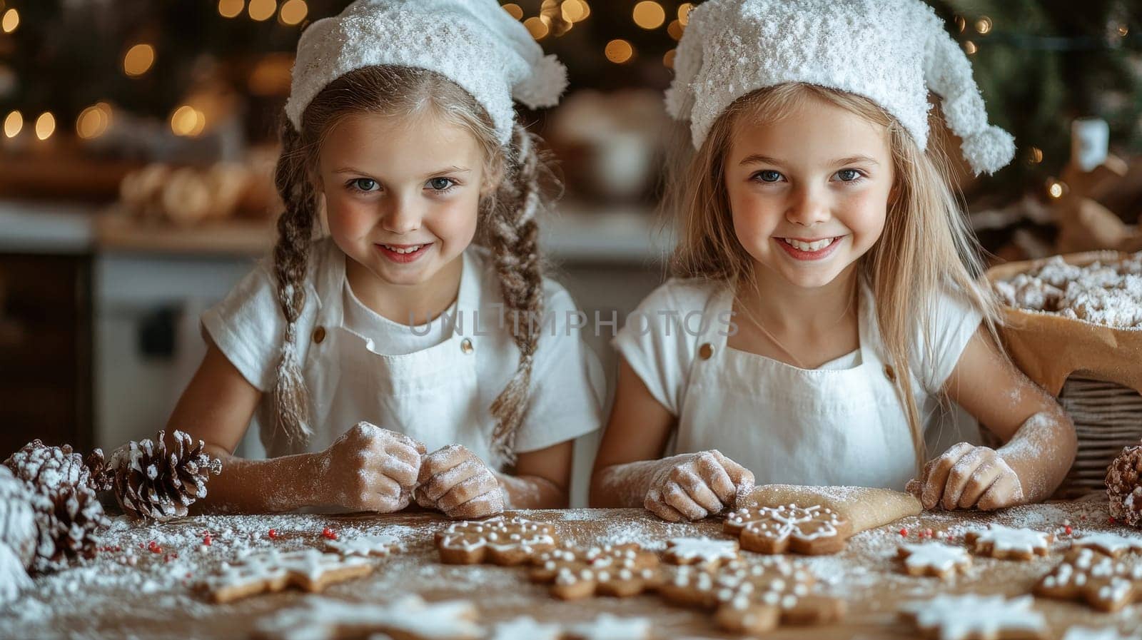 Two happy little girls baking Christmas gingerbread cookies in cozy kitchen. Holiday baking concept