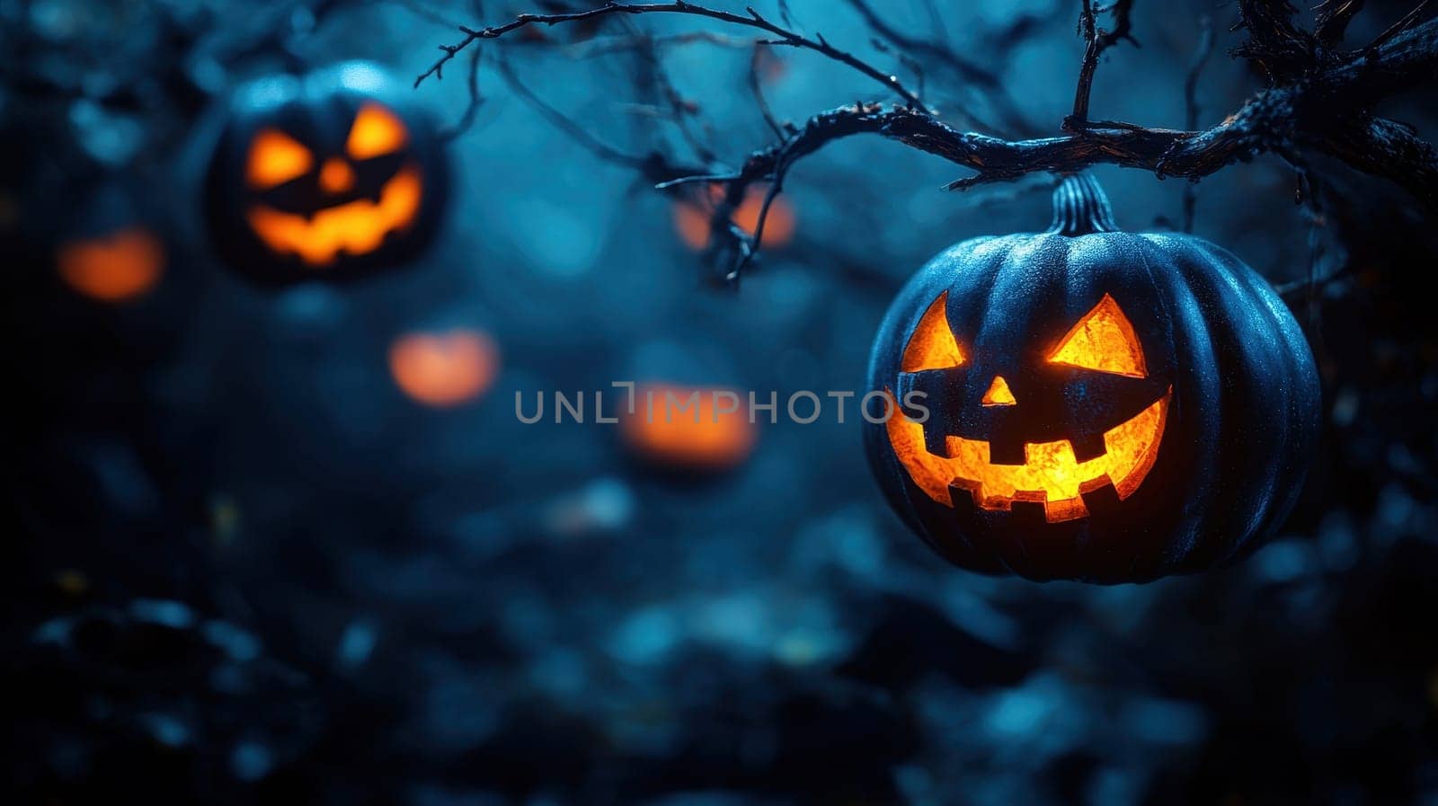 Spooky Halloween Pumpkins Hanging in a Dark Forest