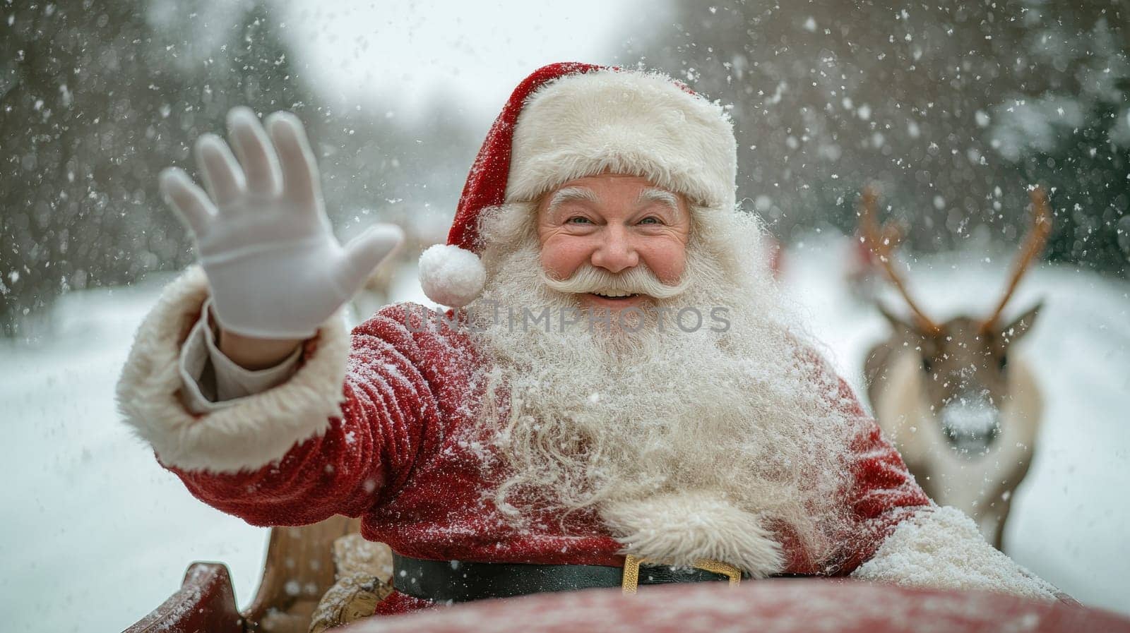 Santa Claus Waving from Sleigh in Snowy Forest, Christmas Magic