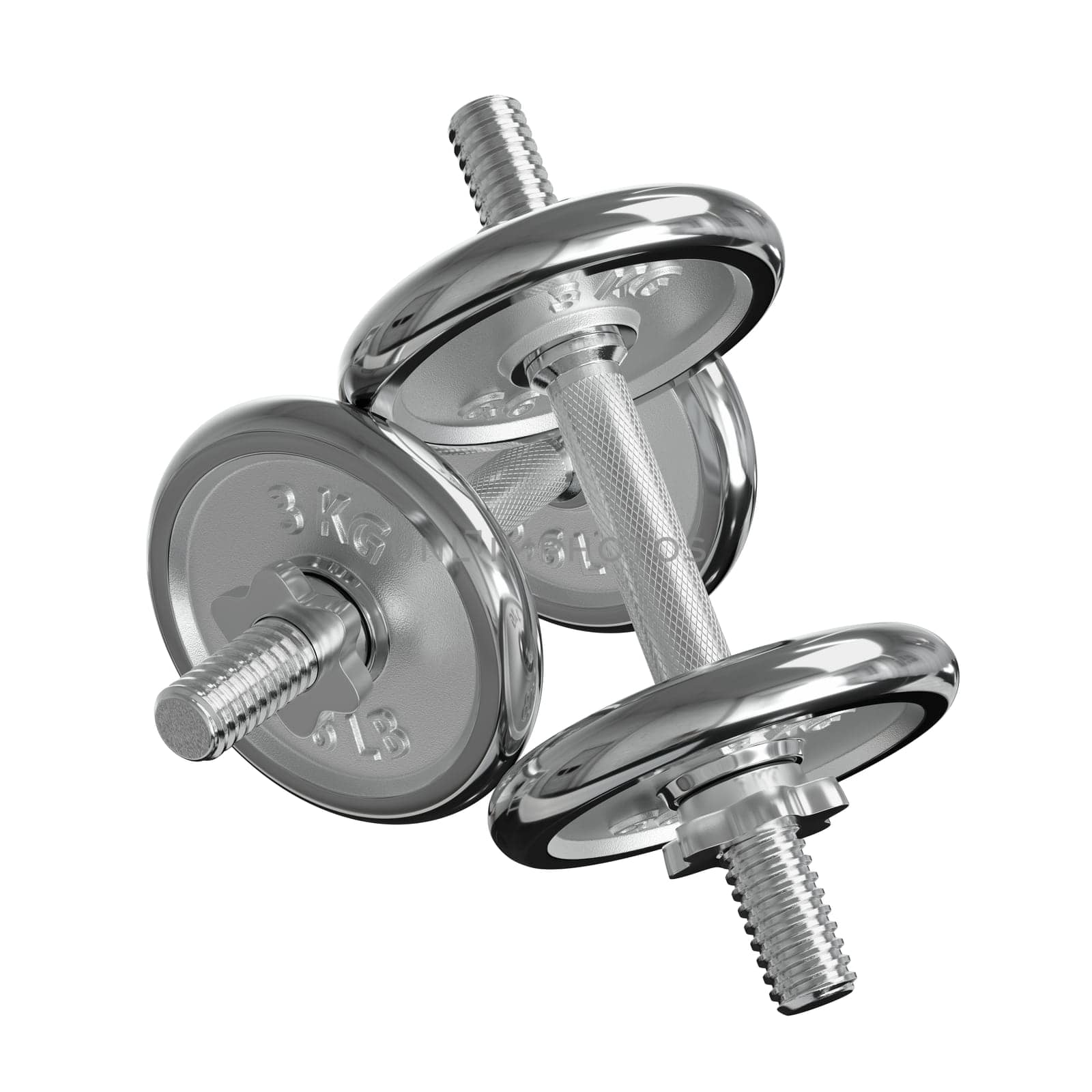 Cast Iron Chrome Adjustable Dumbbells, weightlifting gym equipment, side view, isolated on white background. 3D illustration