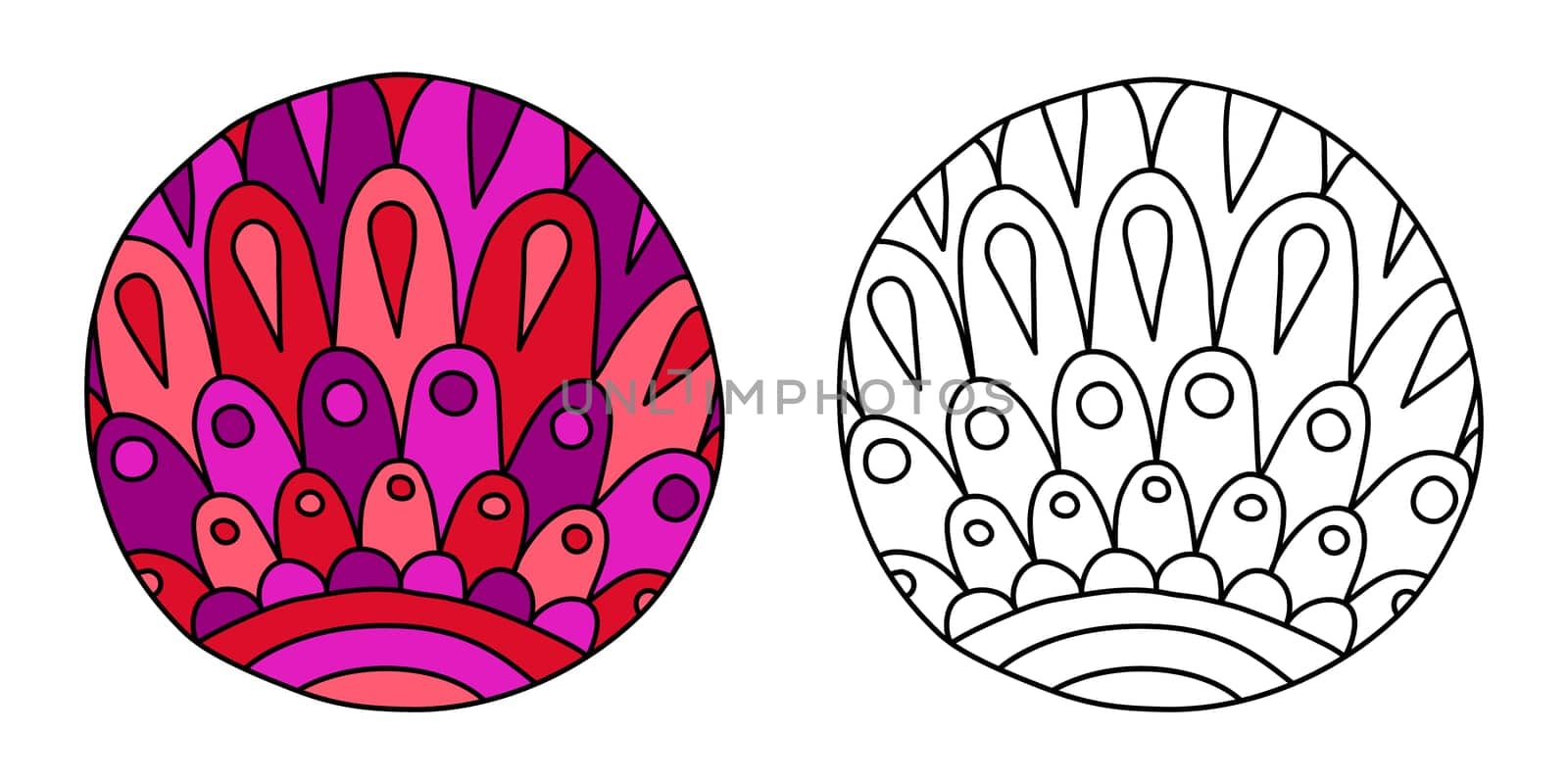 Round coloring page with pink colored example, filled with hand drawn doodle motifs in a circle, isolated on white background. Vector illustration