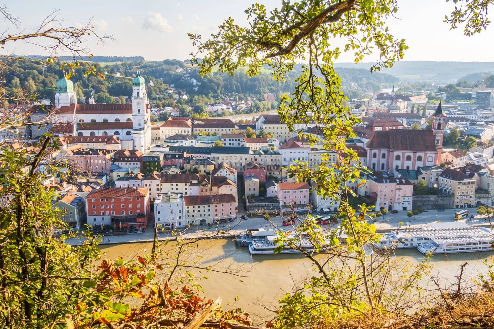 Aerial view of Passau with the Danube river, embankment and cathedral, Bavaria, Germany