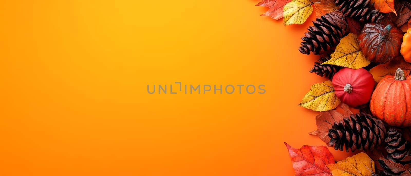 Autumn leaves, pine cones, and pumpkins on an orange background, perfect for seasonal themes with copy space.