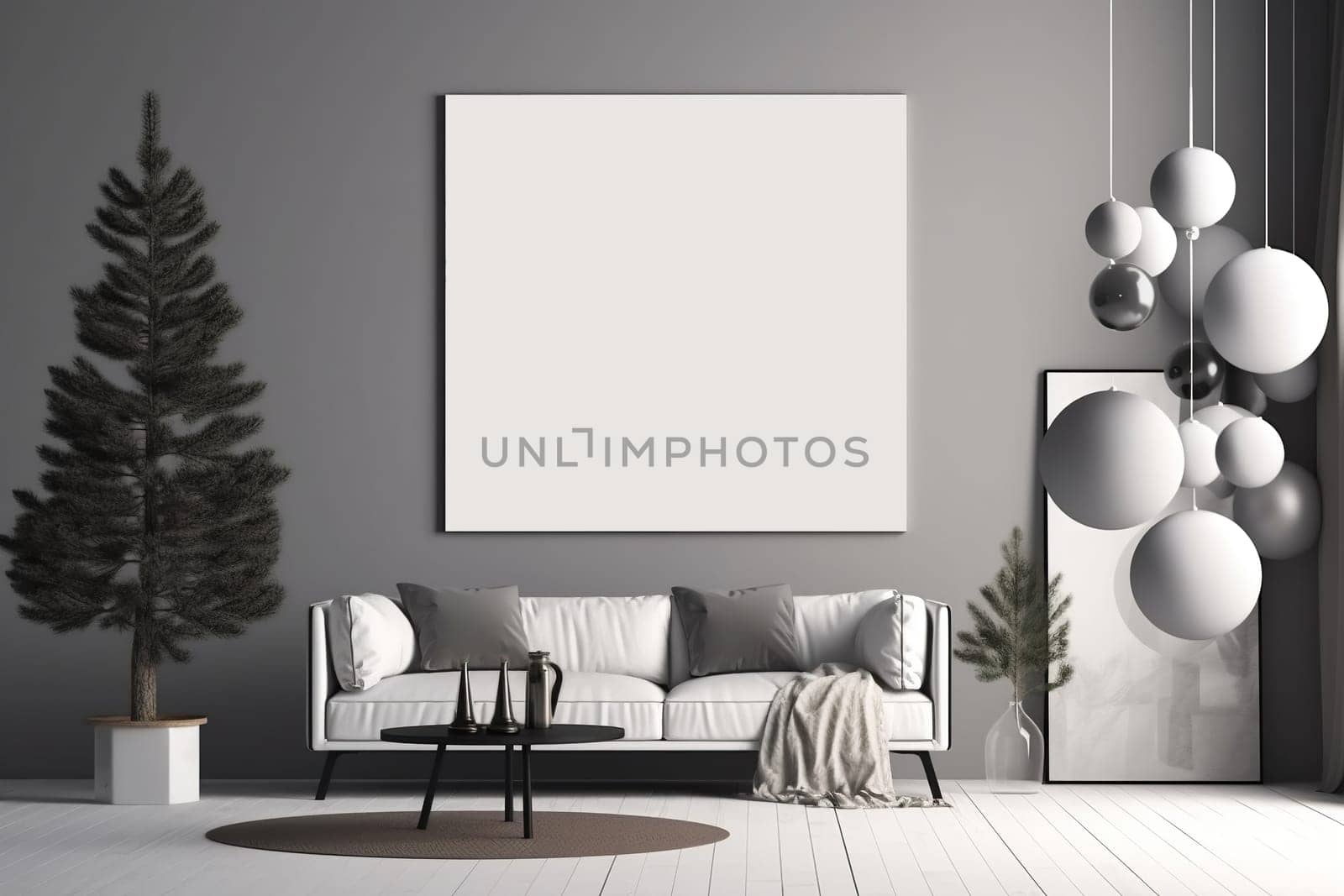 Print mockup in loft style airy light living room interior in neutral colors design with large windows natural light and Christmas tree decor. Modern luxury downtown apartment. AI Generative content