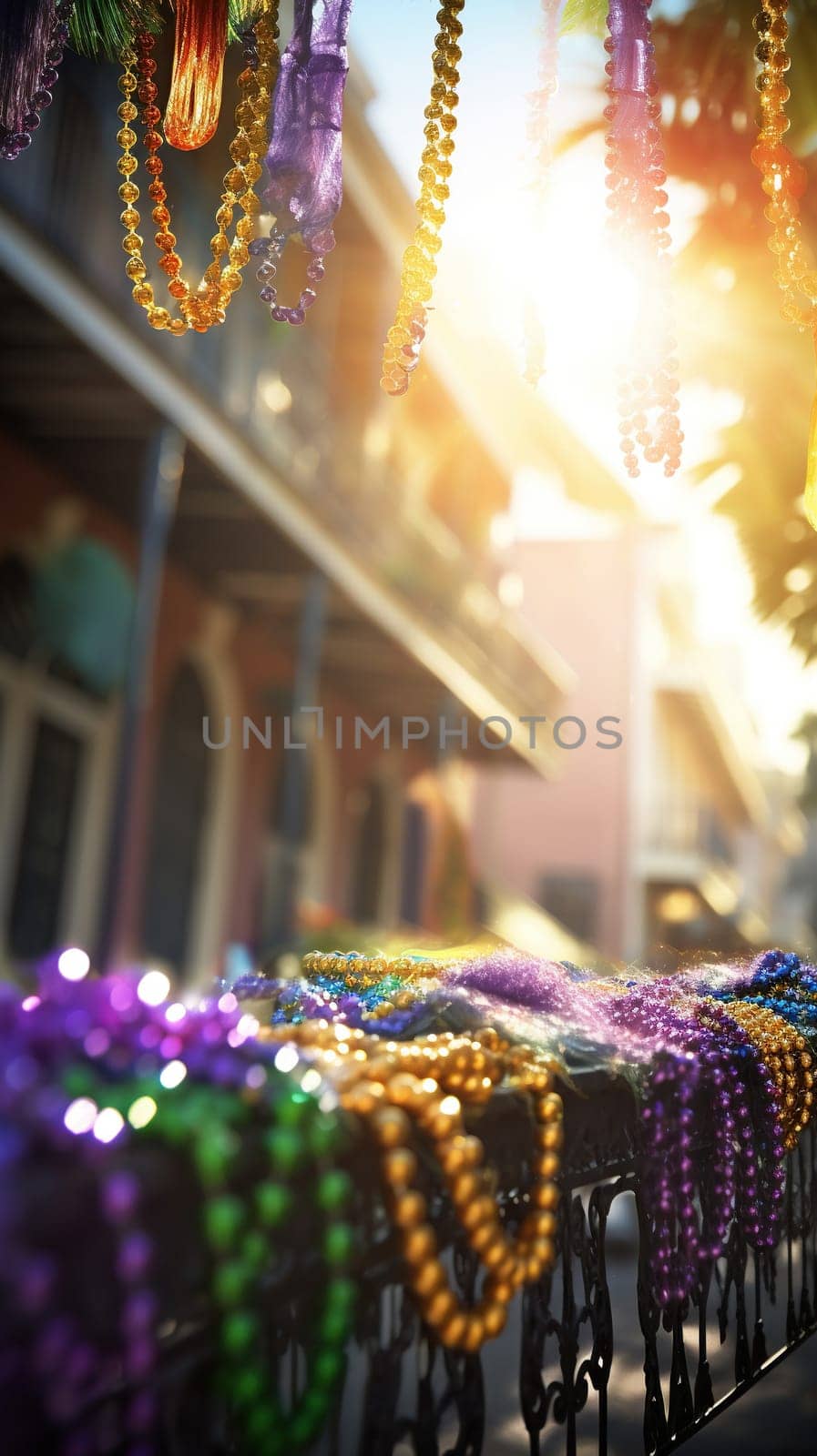 Confetti and Mardi Gras carnival decorations city street festival background. AI Generated content