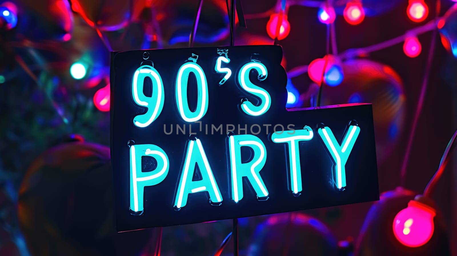Vibrant purple neon 90s PARTY sign in retro style glowing maximalist background AI Generated content