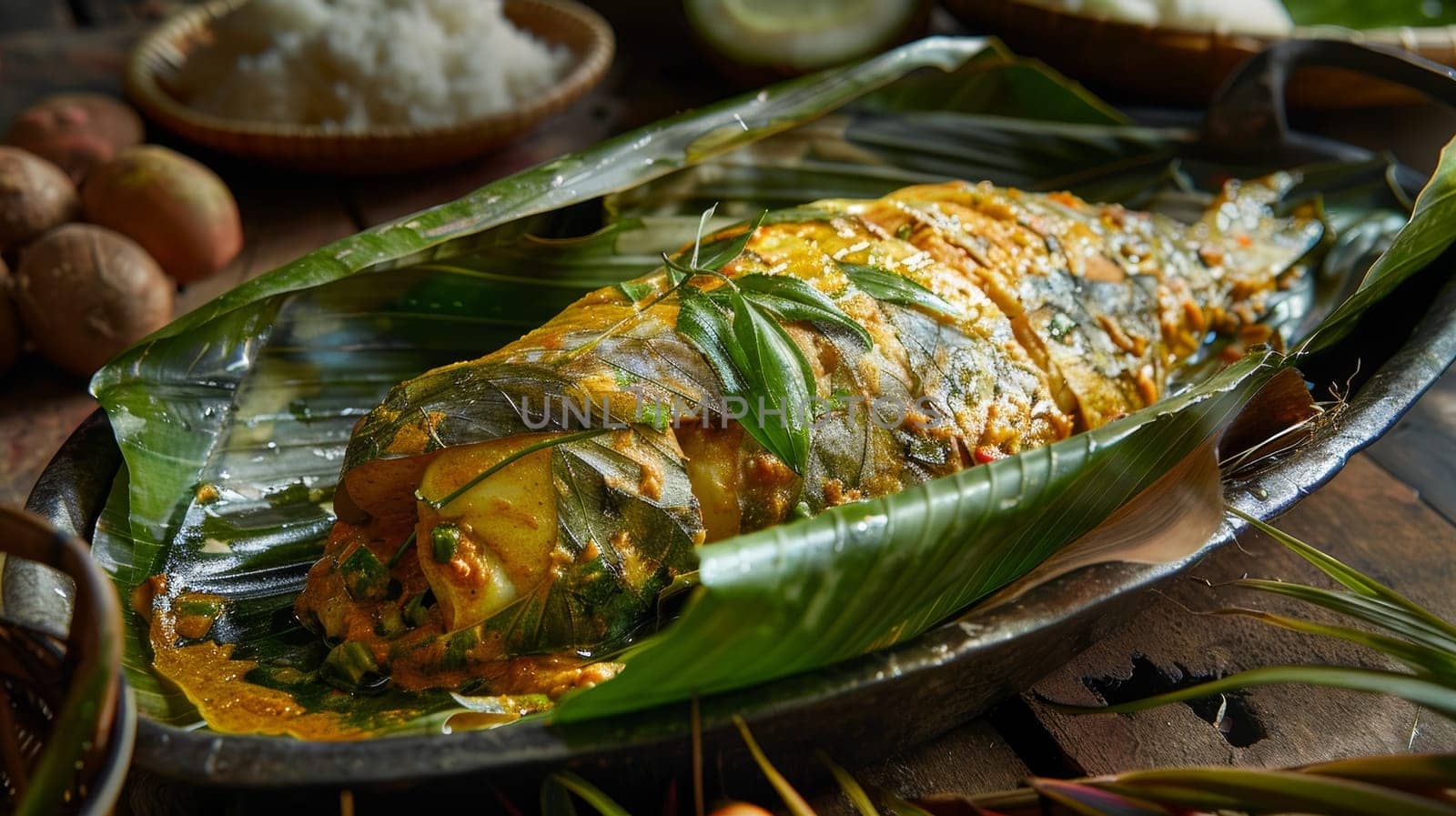 Traditional Cambodian dish, Amok Fish, beautifully presented in banana leaves. Steamed with a rich curry paste and creamy coconut milk, this flavorful dish represents the authentic taste of Asian