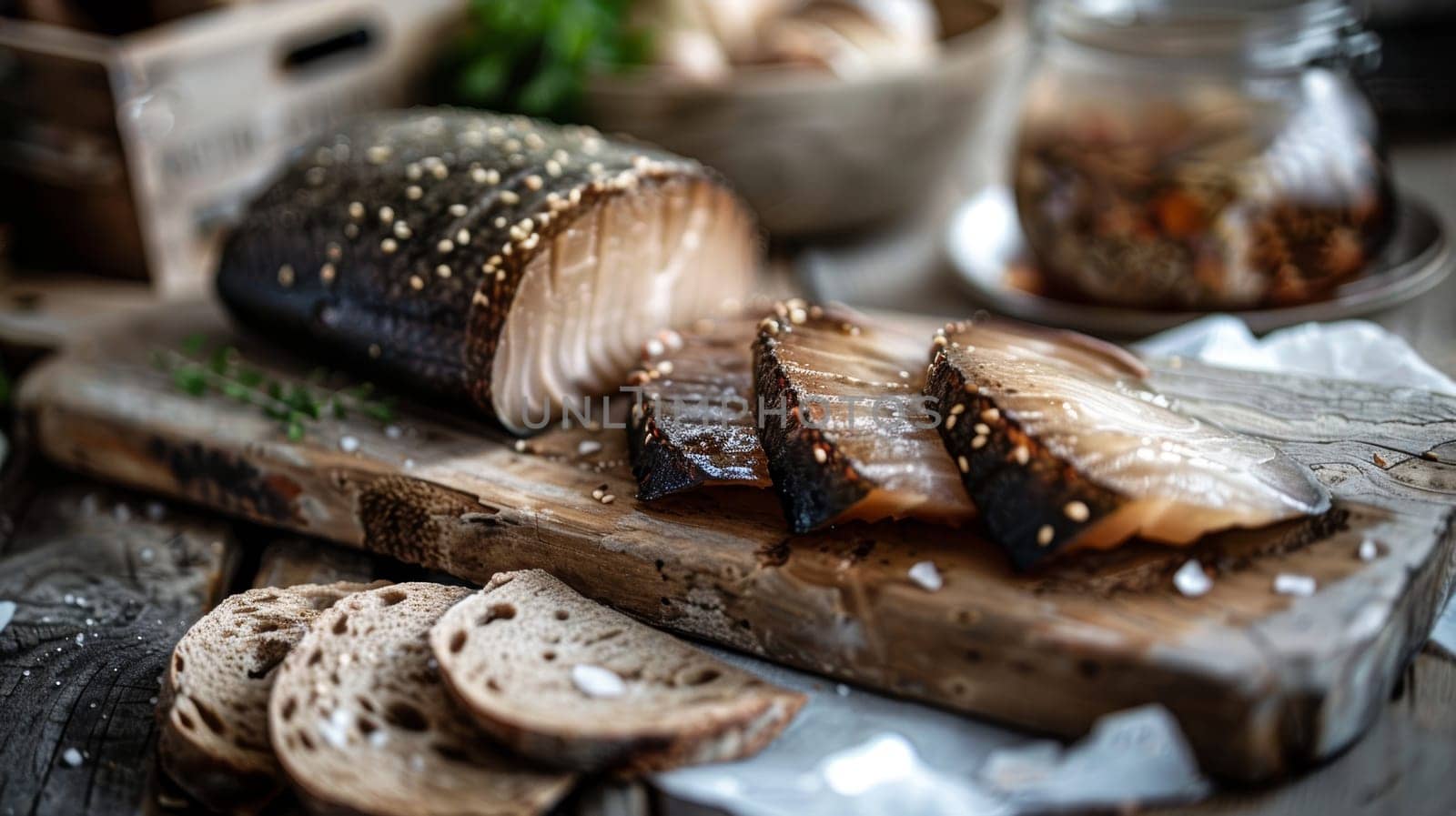 A traditional Icelandic delicacy, fermented shark or hakarl, served on a rustic wooden board with rye bread