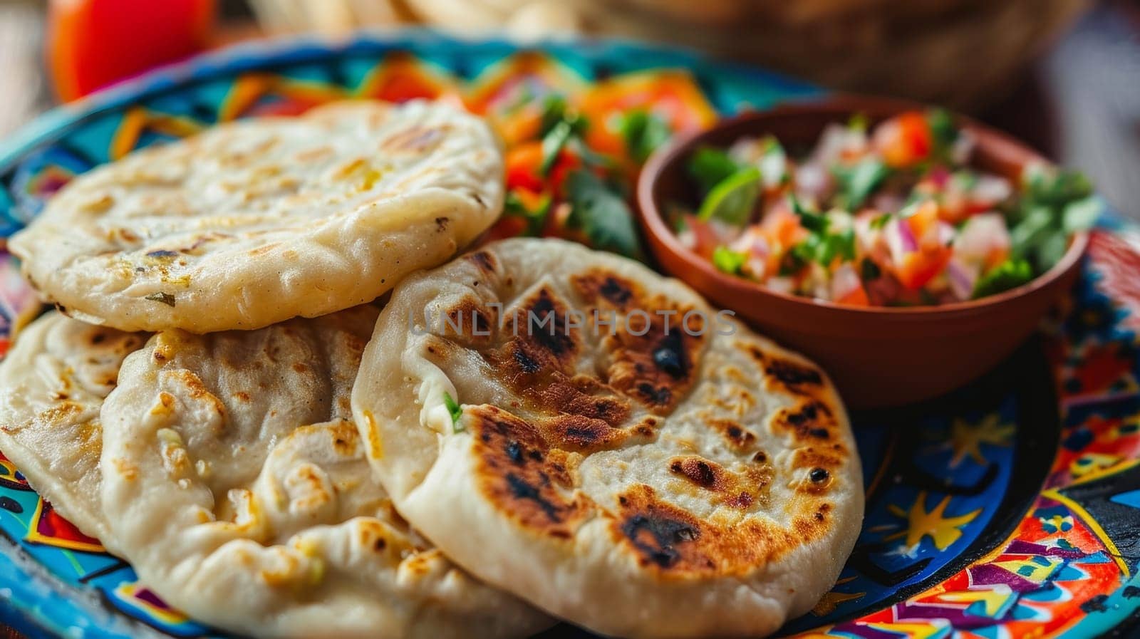 Authentic Salvadoran pupusas served on a vibrant plate, accompanied by traditional curtido and tomato salsa. A delightful representation of Central American cuisine