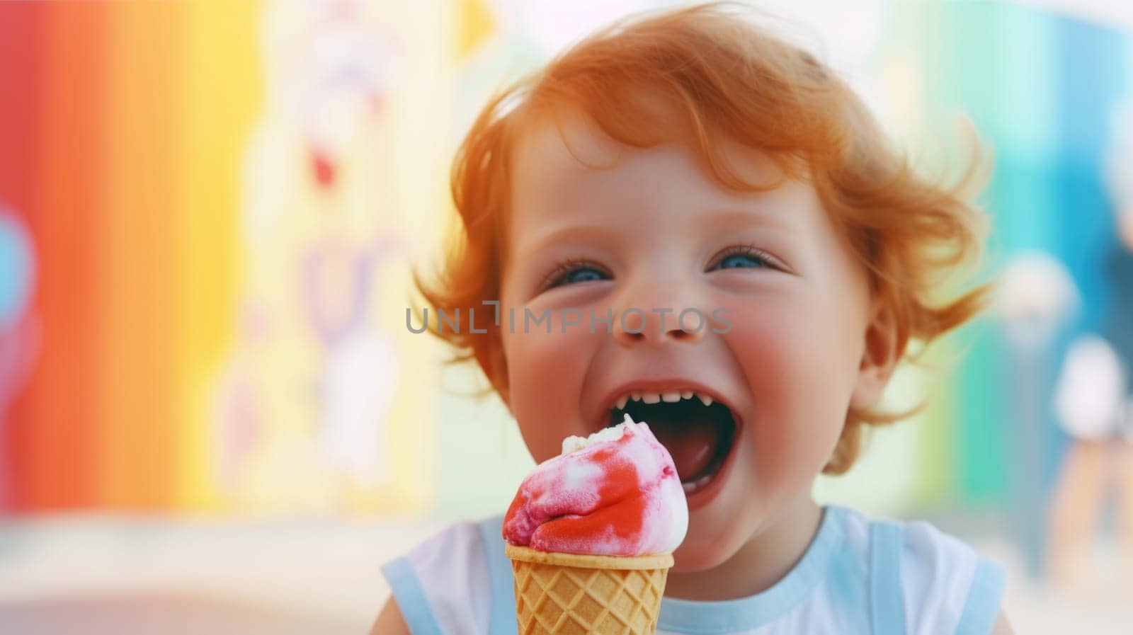 Redhead little kid portrait enjoying vibrant color ice cream cone, copy space. AI Generated content