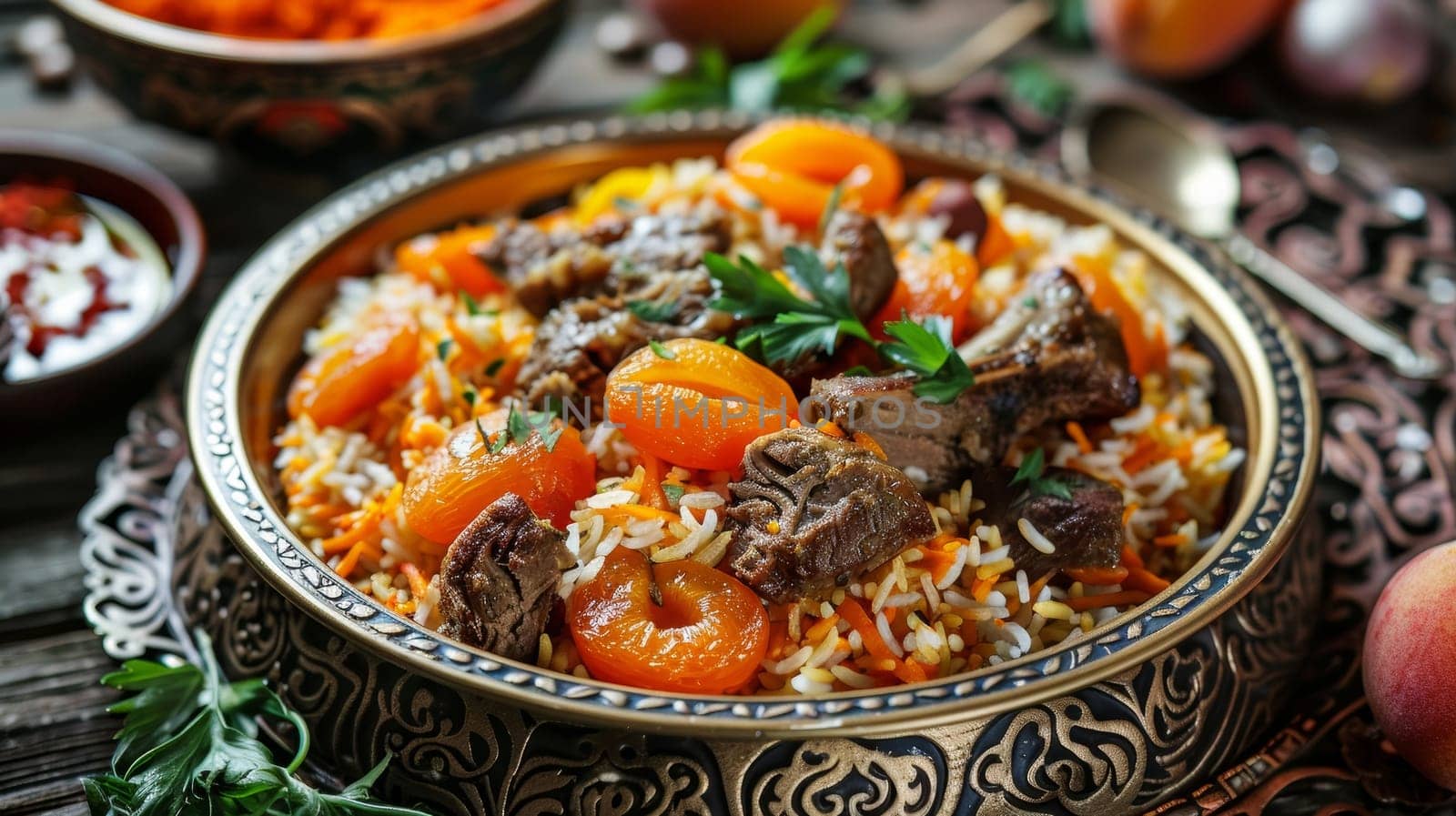 A traditional Azerbaijani plov served in an ornate dish, featuring saffron-infused rice, succulent lamb, and sweet apricots. A feast for the senses