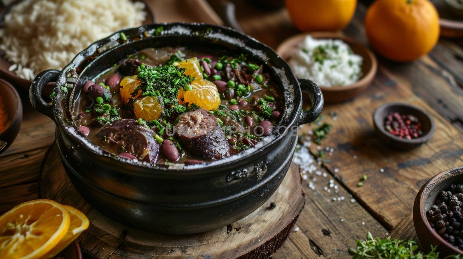 A hearty serving of Italian Brazilian Feijoada, a traditional stew of beans with beef and pork, served in a cast-iron pot with rice, oranges, and farofa