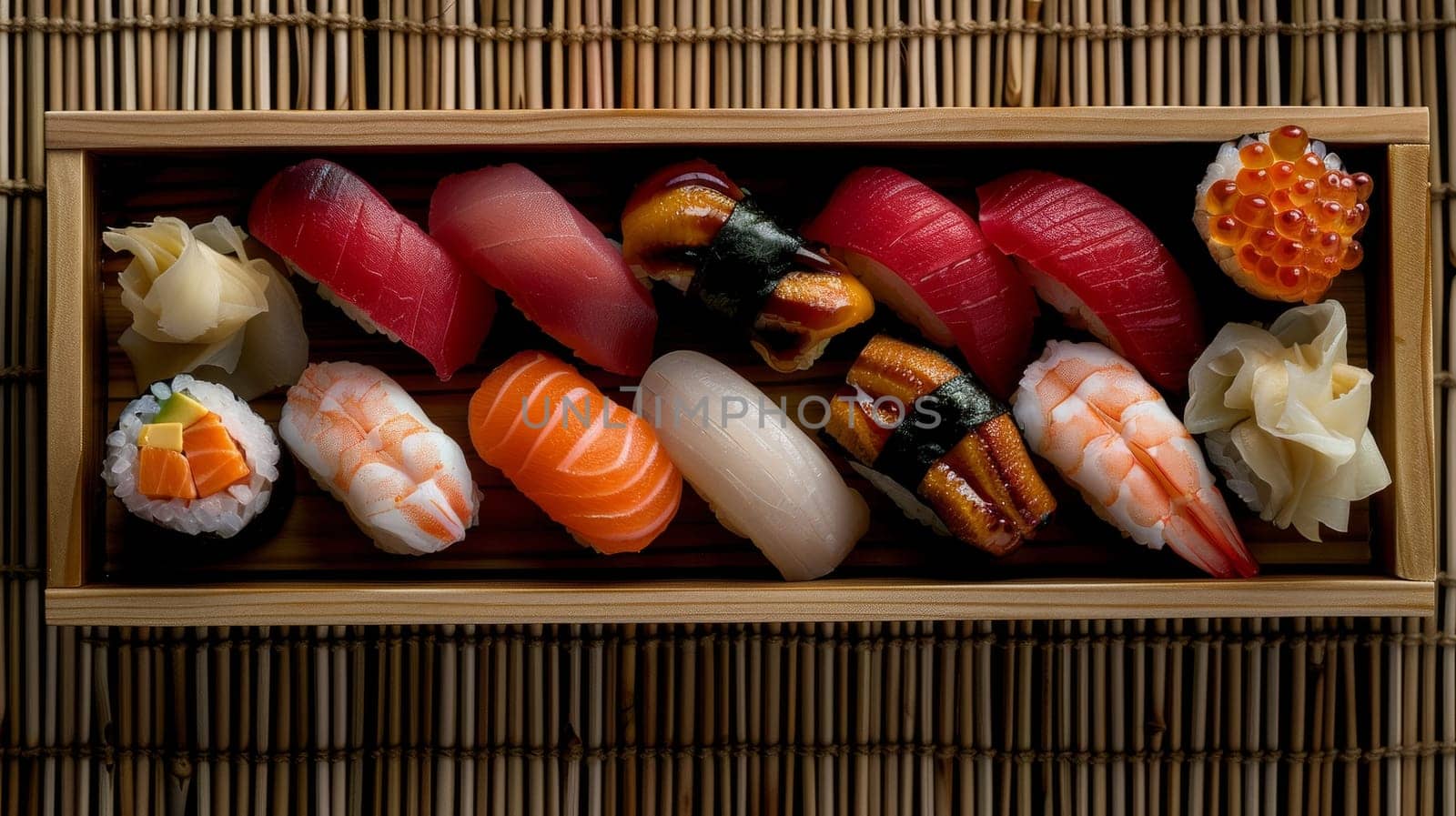 An exquisite fusion of Japanese cuisines, this sushi platter features a variety of nigiri and sashimi, elegantly arranged on a bamboo mat