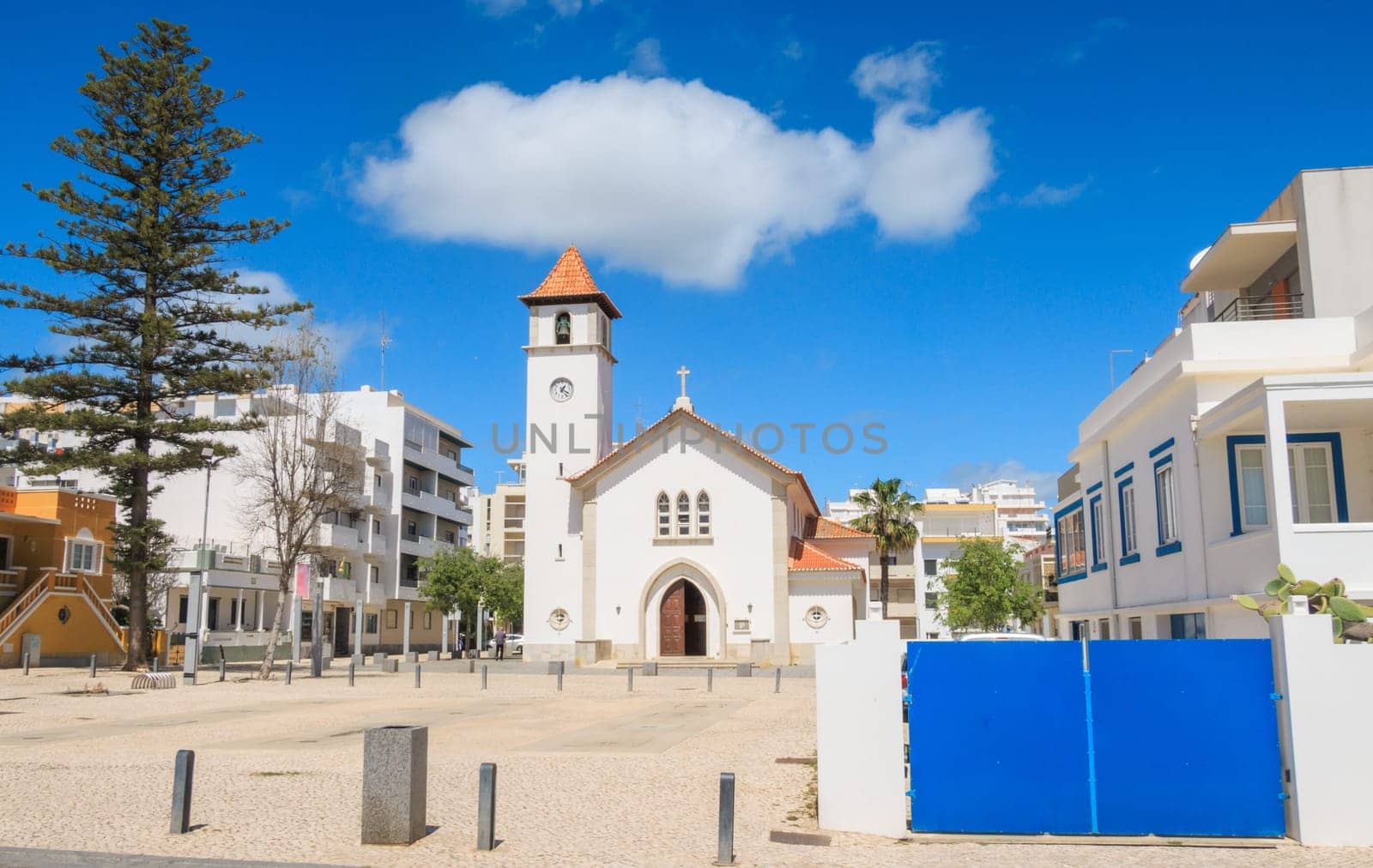 Parish Church of Armação de Pêra, church of our lady of the navigators on a sunny day, Algarve, Portugal