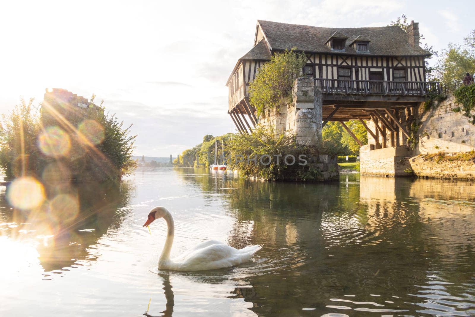 Vernon, France- August 26 2024: The beautiful old mill on the broken bridge over Seine river with a swan in the foreground in Vernon, Normandy, France
