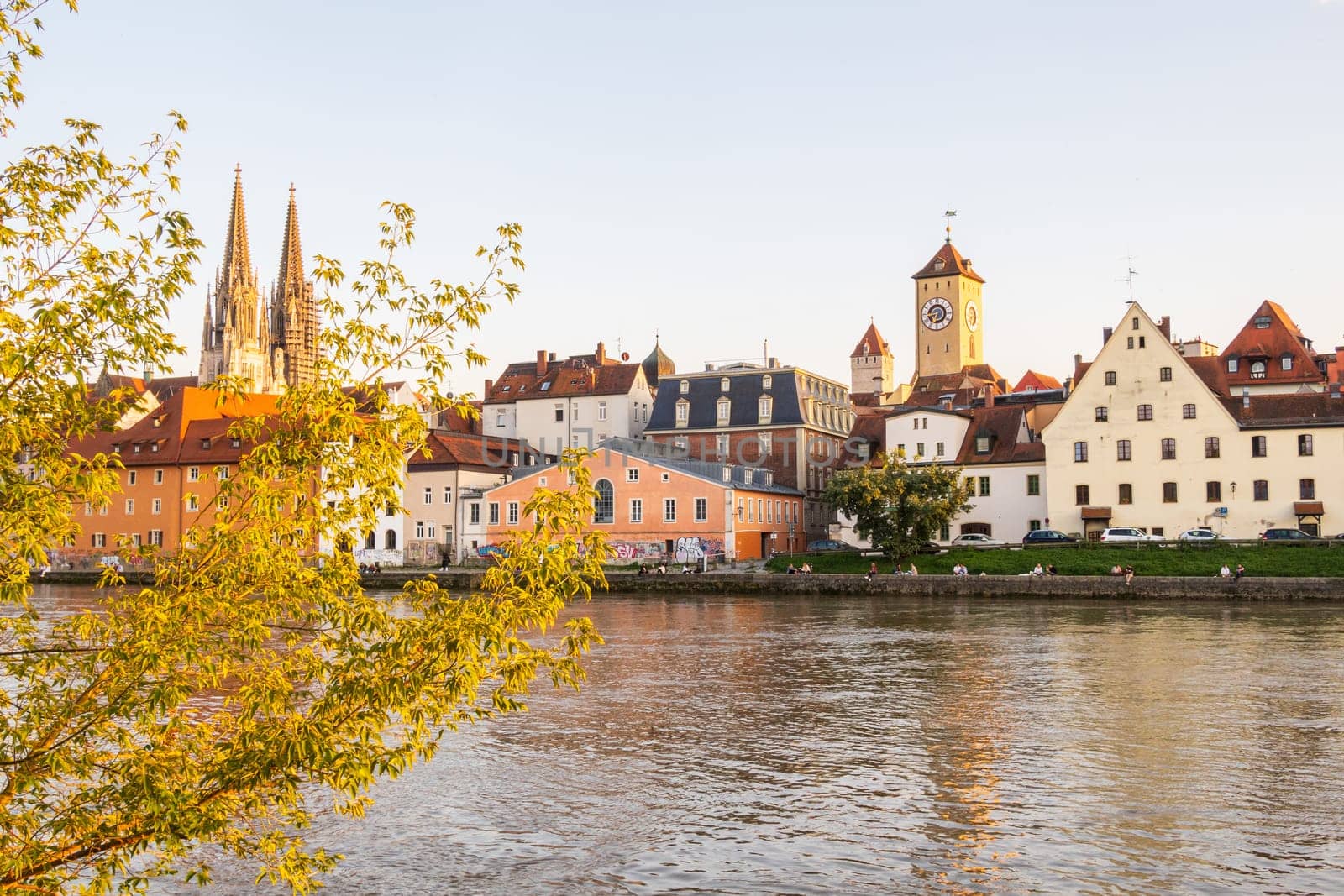 Regensburg, Germany- September 18 2024: Regensburg in Germany, view to the old town with Danube river in the foreground