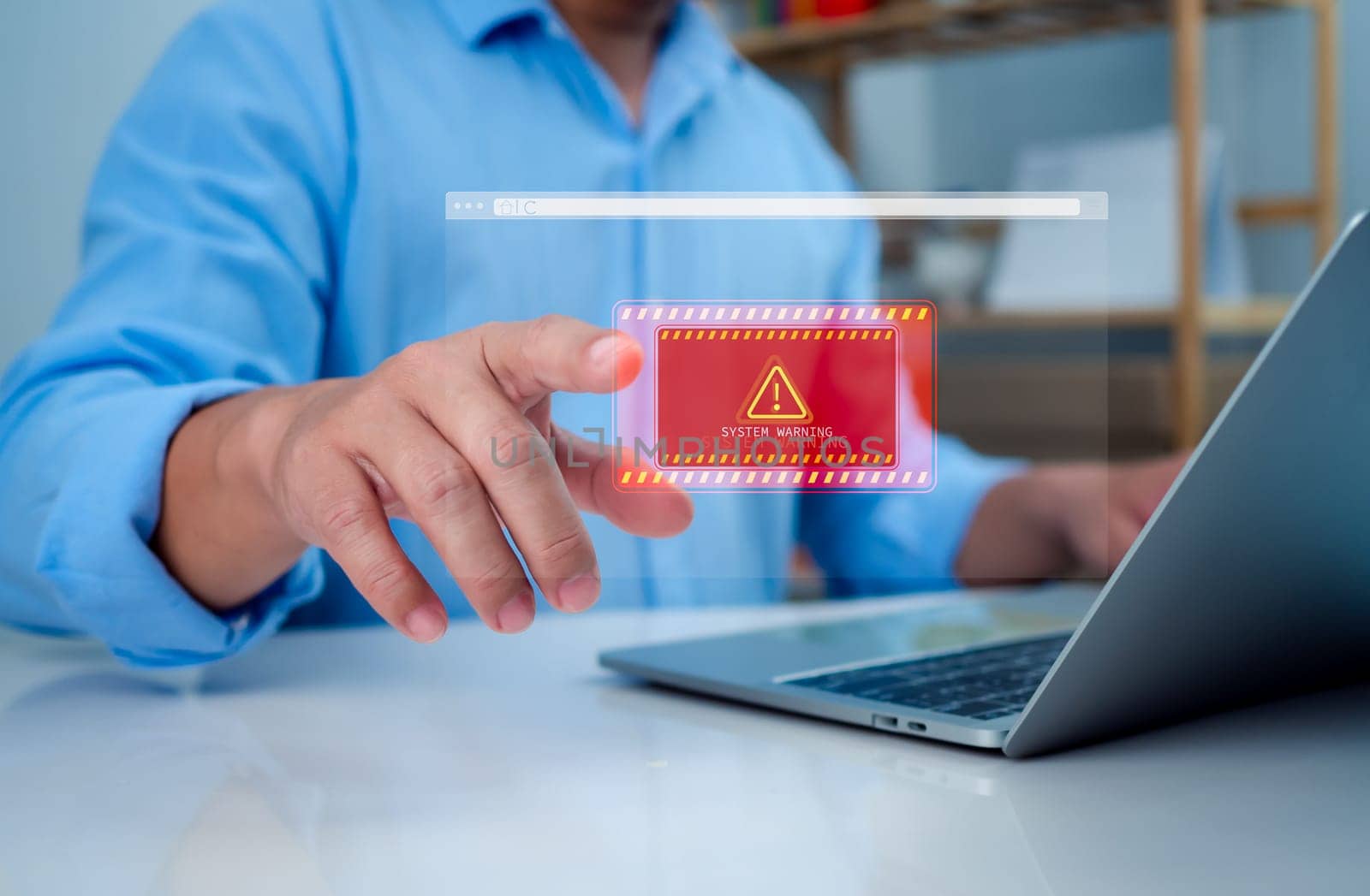 System warning hacked alert, Staff receive notifications from the system fraud alert, Laptop shows a warning sign of system failure, Notification spam, Cyber attack on network, Virus and Cybersecurity