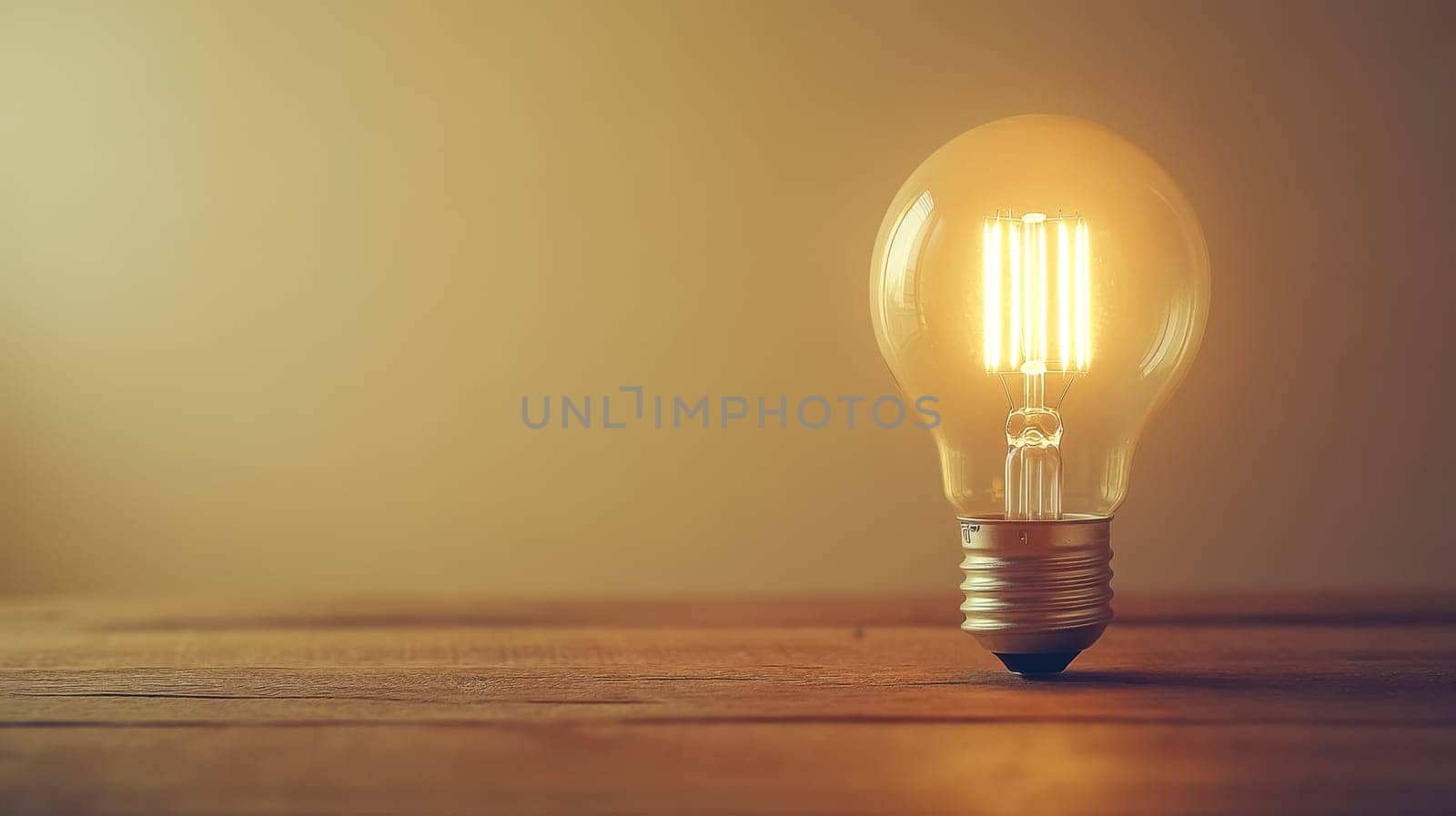 Classic style lightbulb with visible filament glowing on a wooden table, providing warm light to the surrounding area