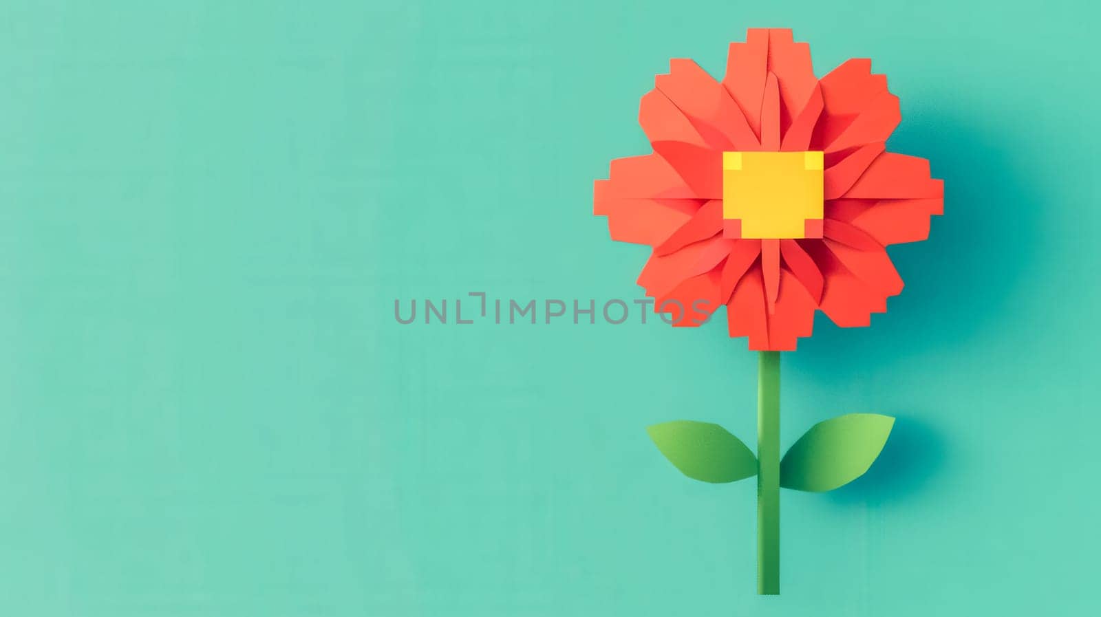 Vibrant red pixel art paper flower on a bright turquoise background with copy space, exuding a cheerful and positive vibe for creative projects