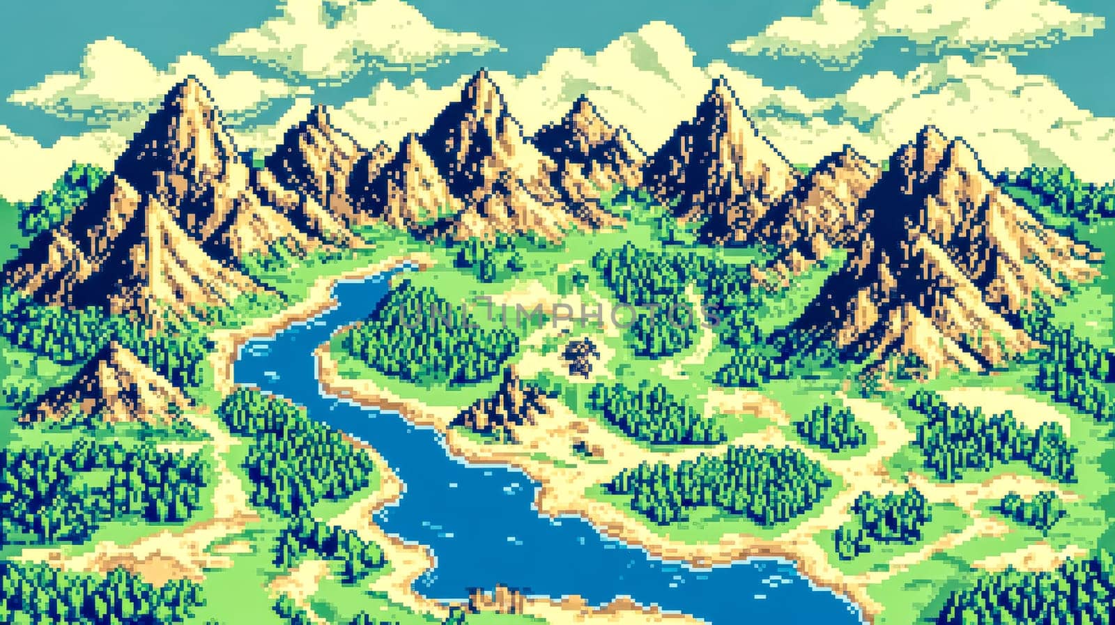 Colorful pixel art illustration depicting a river meandering through a range of majestic mountains, with lush green forests and a clear blue sky