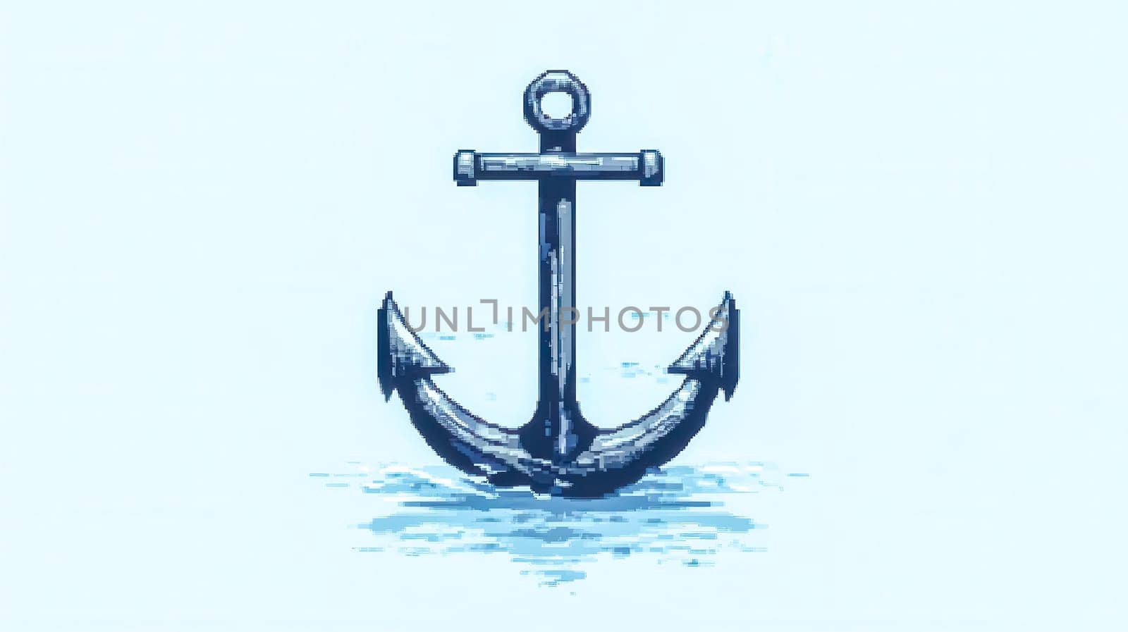 Charming pixel art illustration of a navy blue anchor floating on serene light blue water, evoking hope and strength. Perfect for travel, boating, or fishing designs with a vintage touch
