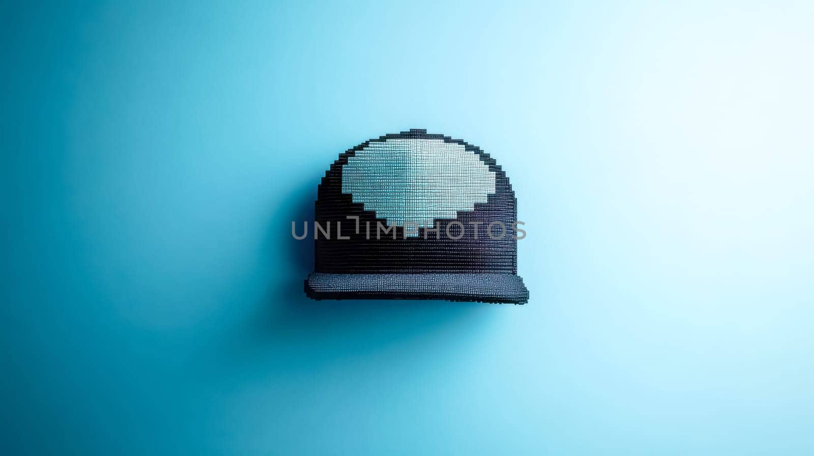 Black pixelated baseball cap hangs on a blue background, blending modern design with classic style