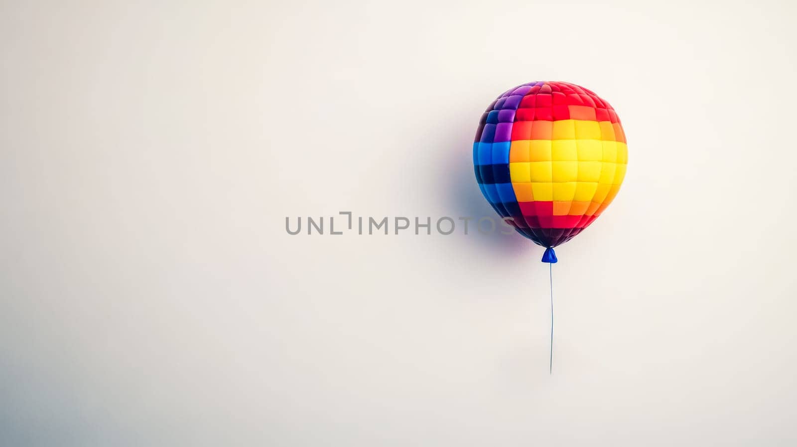 Hot air balloon with a colorful pixelated pattern is floating against a white background, creating a simple yet eye catching visual
