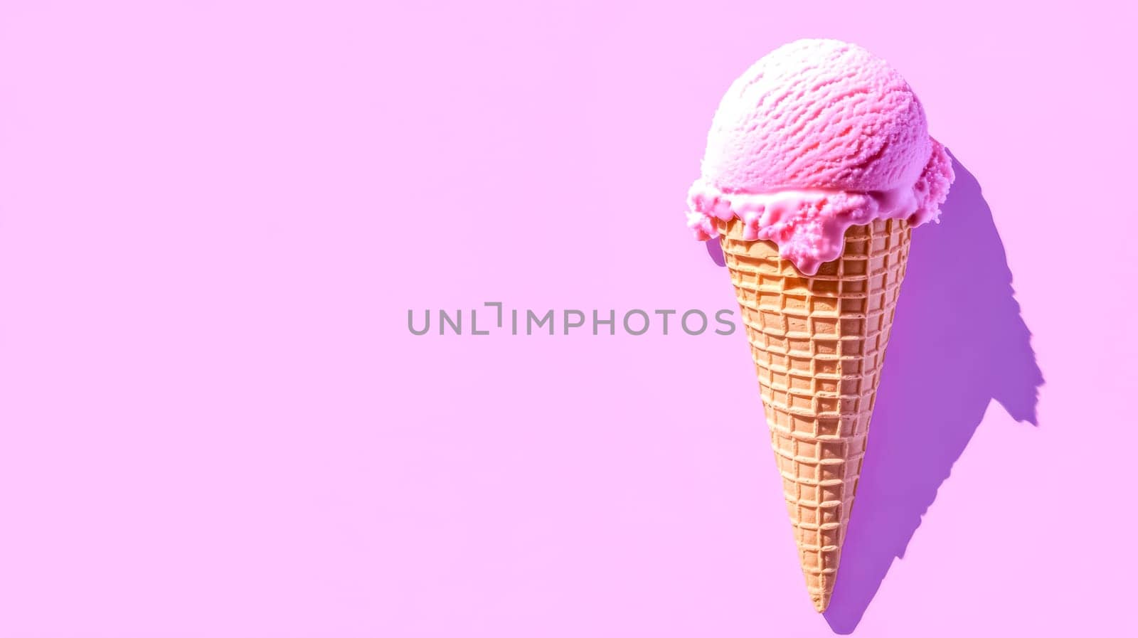 Refreshing pink ice cream cone is standing on a vibrant purple background, casting a cool shadow that adds a touch of whimsy