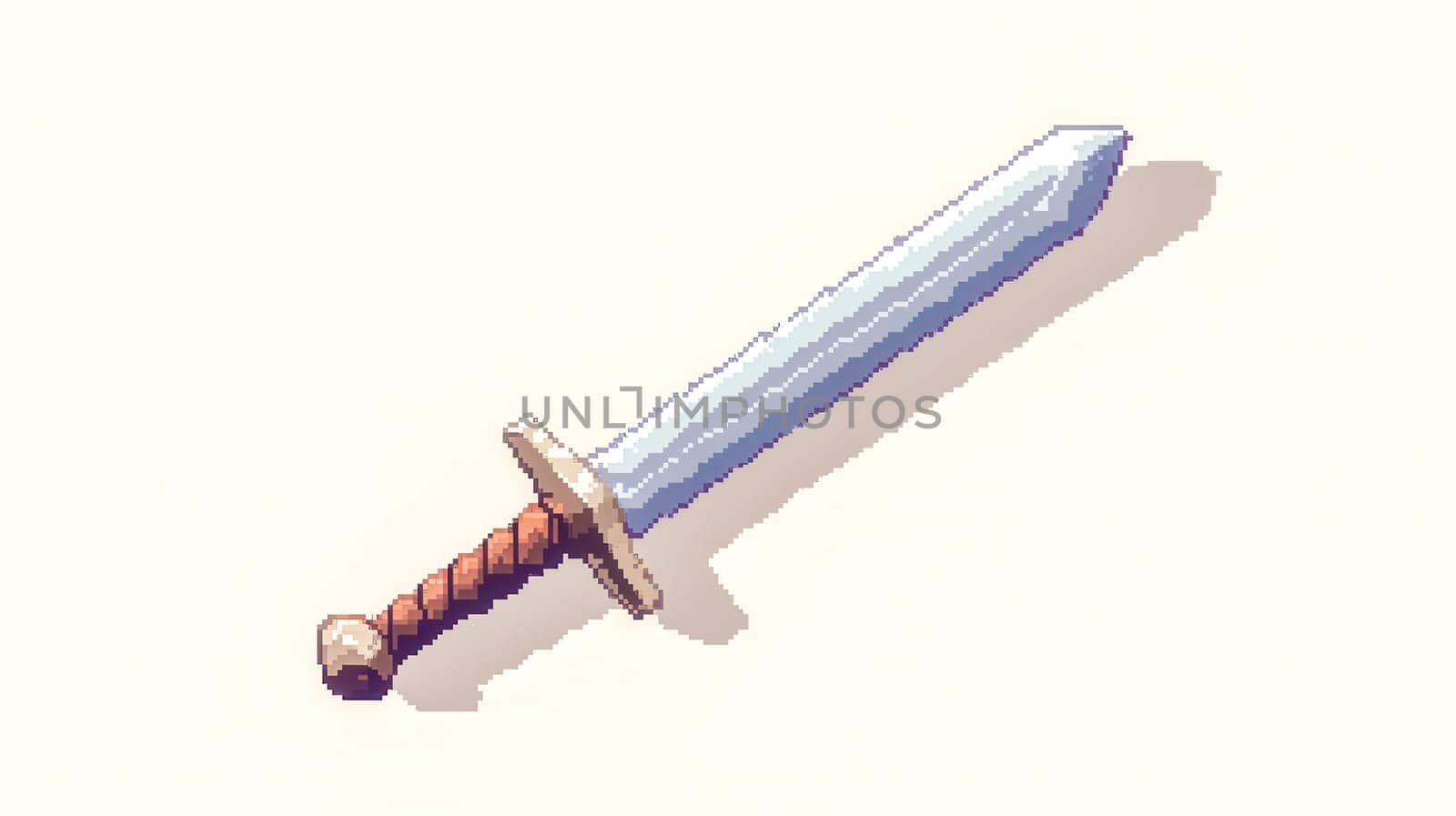 Longsword with a leather wrapped hilt is laying on a white background, rendered in a pixel art style. This image would be perfect for game developers or anyone looking for a nostalgic aesthetic