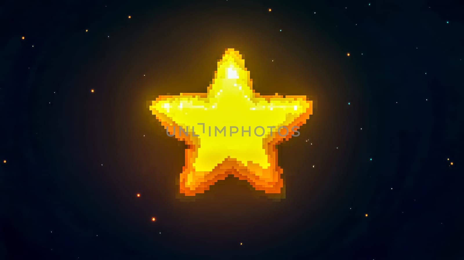 Bright yellow pixel art star is shining in the middle of space surrounded by small colorful stars. This illustration would be perfect for topics about video games, success or rating