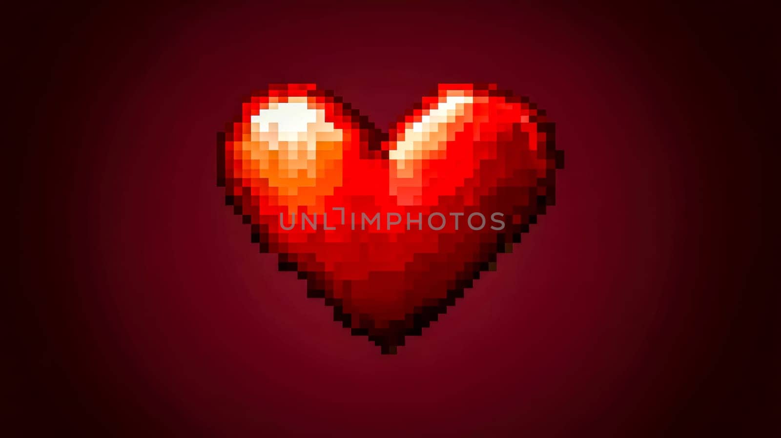 Glowing pixel heart on a dark red background, perfect for love, gaming, and digital projects. Add romance or a retro touch to your design with this pixelated symbol