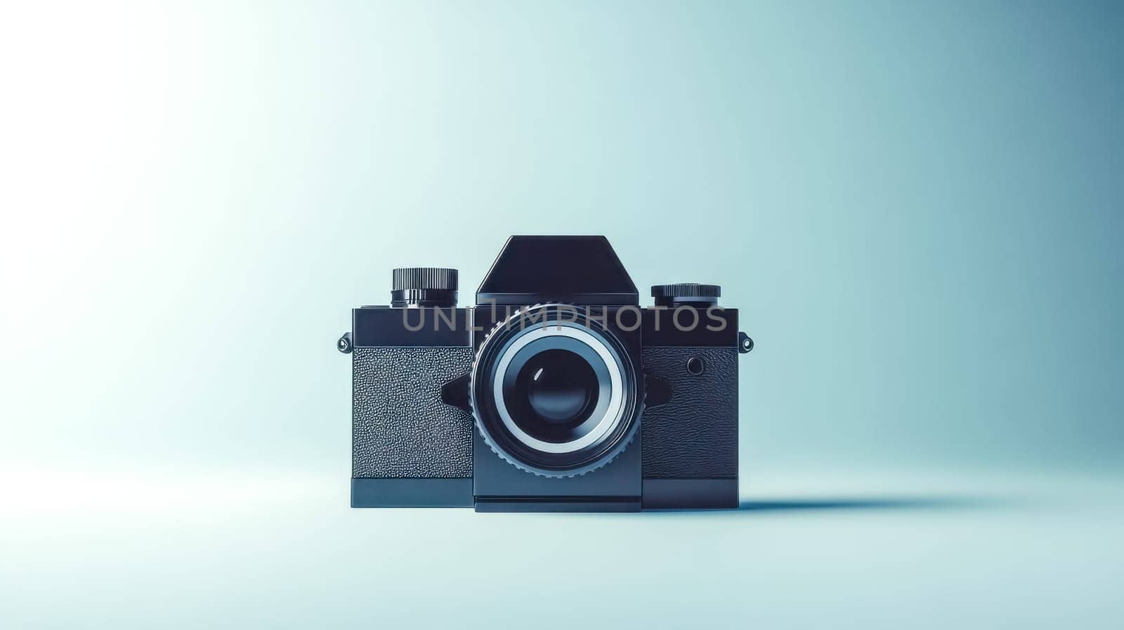Stylish black vintage photo camera is standing on a blue background with copy space. The camera is pointing straight ahead