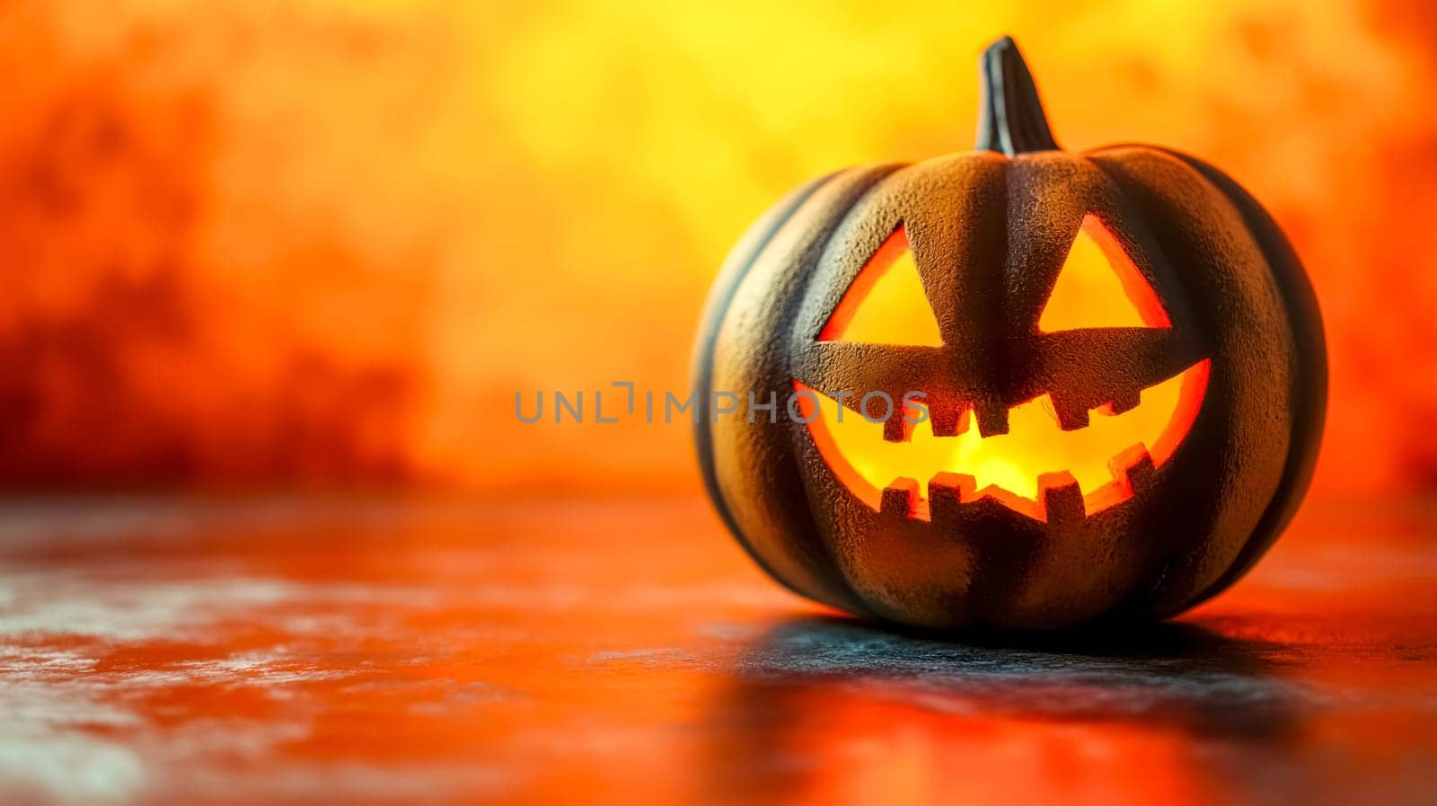 Carved pumpkin with a glowing candle inside sits on a dark surface, with a fiery orange background creating a spooky halloween atmosphere