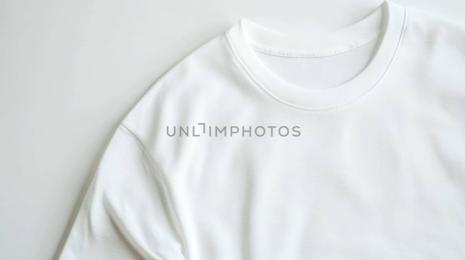 Plain white t shirt is lying flat on a white surface, providing the perfect backdrop for showcasing designs or branding