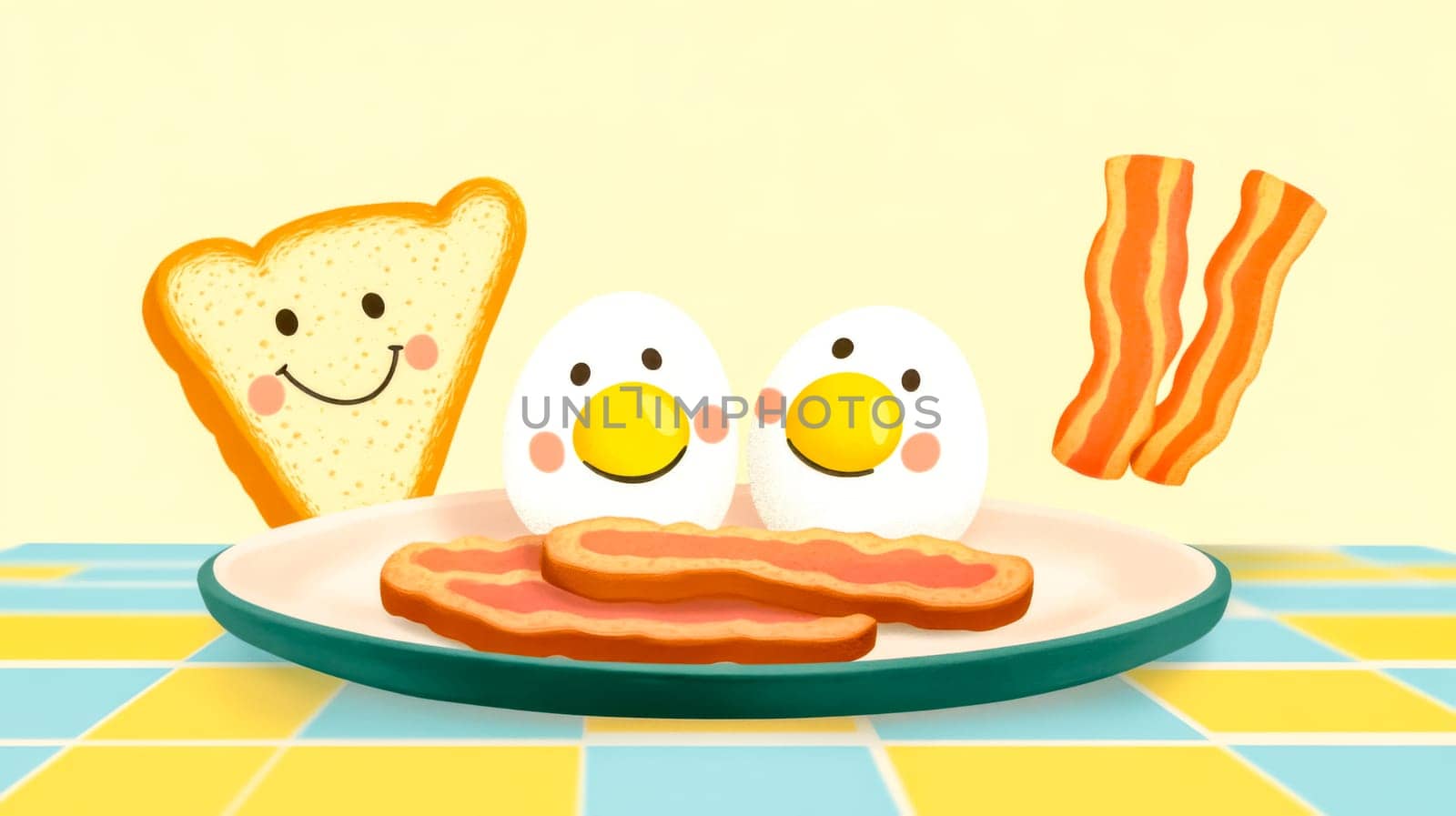 Adorable cartoon fried eggs and crispy bacon on a plate, with happy toast nearby. Cheerful breakfast scene with cute eggs, crispy bacon, and smiling toast