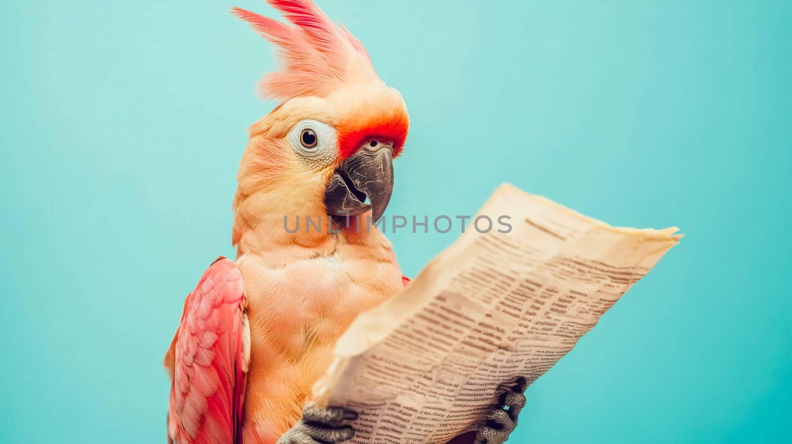 Curious cockatoo reads a newspaper against a blue backdrop, showcasing colorful feathers and a humorous demeanor. This tropical pet exudes intelligence and humor in a captivating image