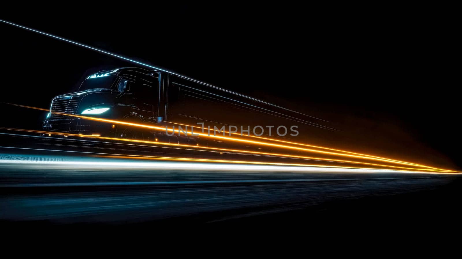 Semi truck is speeding down a highway at night, creating long exposure light trails that streak behind it. The truck is surrounded by darkness, emphasizing its speed and power
