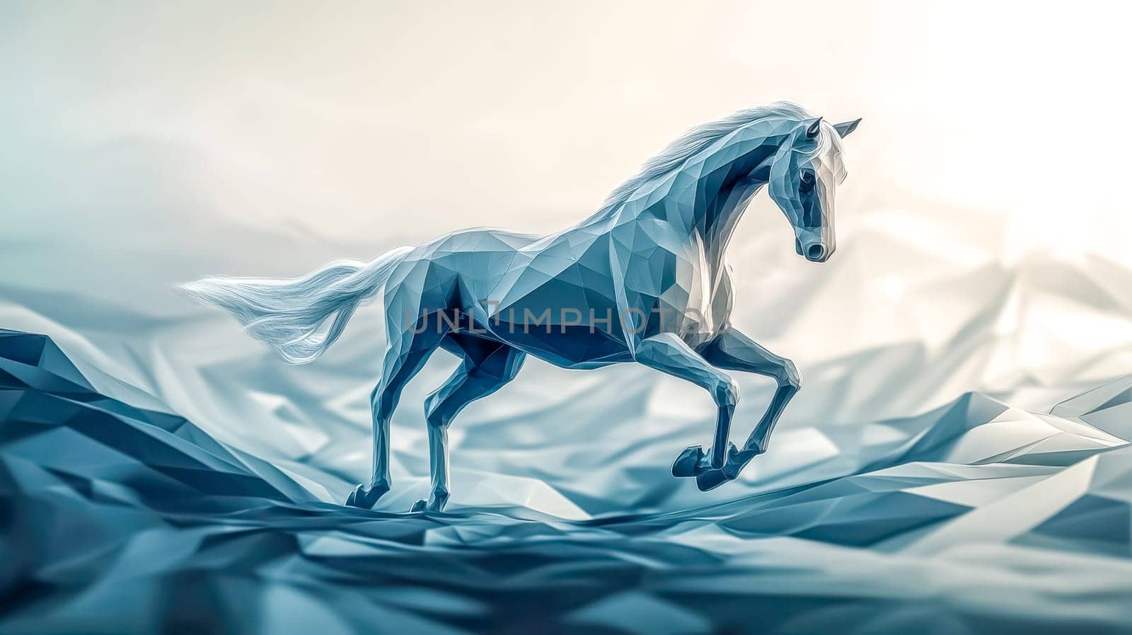 Blue low poly horse running through an abstract geometric landscape. This artistic representation of a horse evokes freedom and strength