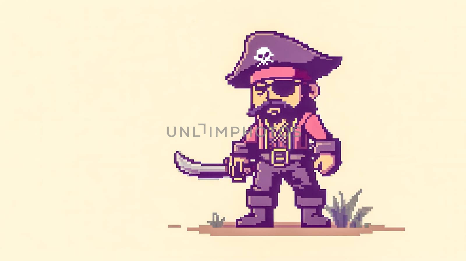 Retro pixel art pirate holding a sword, perfect for gaming and fantasy projects, with intricate details and vibrant colors for a nostalgic touch