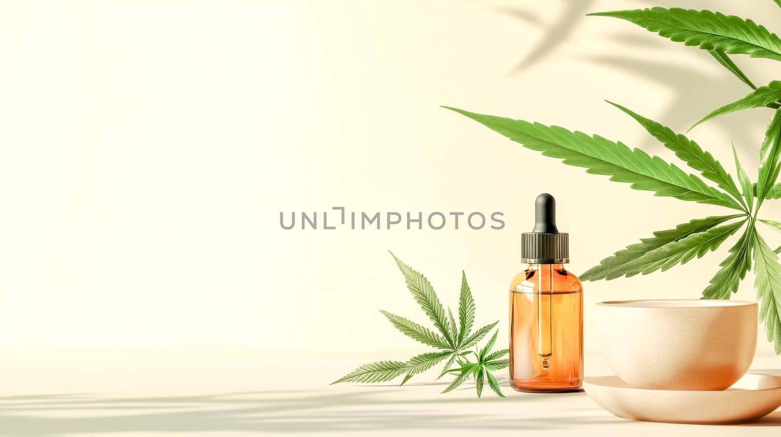 Amber bottle of cbd oil is surrounded by cannabis leaves on a minimalist background with a cup, creating a serene wellness scene
