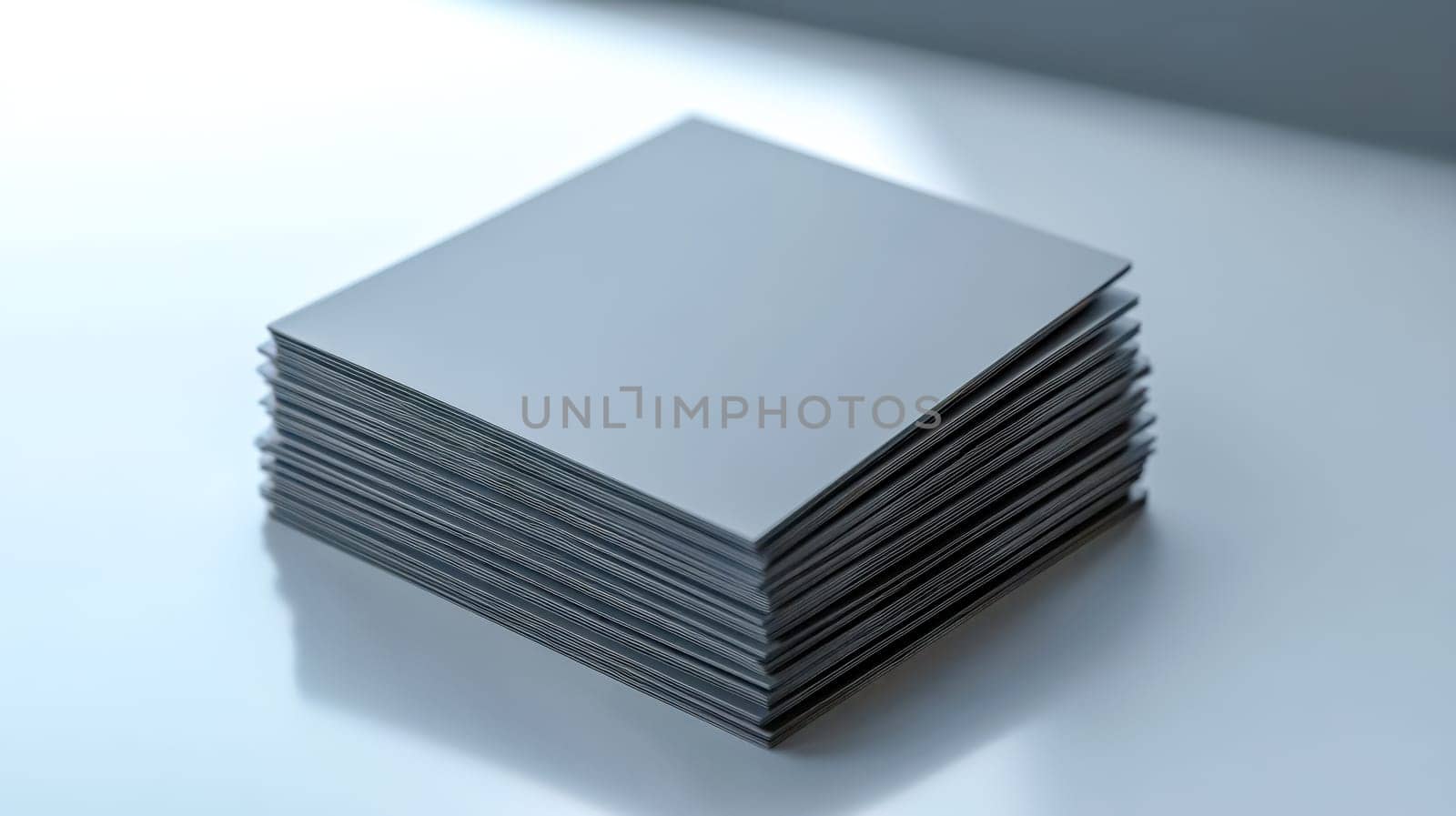 Thick stack of blank cards with rounded corners is sitting on a reflective surface, perfect for showcasing your design or message