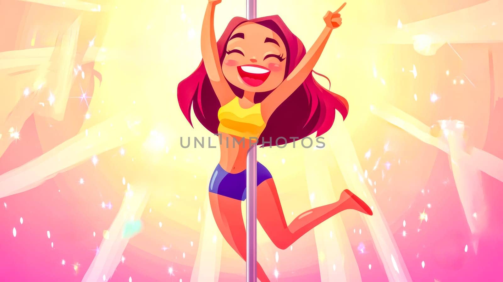 Vibrant woman with pink hair joyfully dances on a pole in a dazzlingly lit stage, exuding energy and confidence