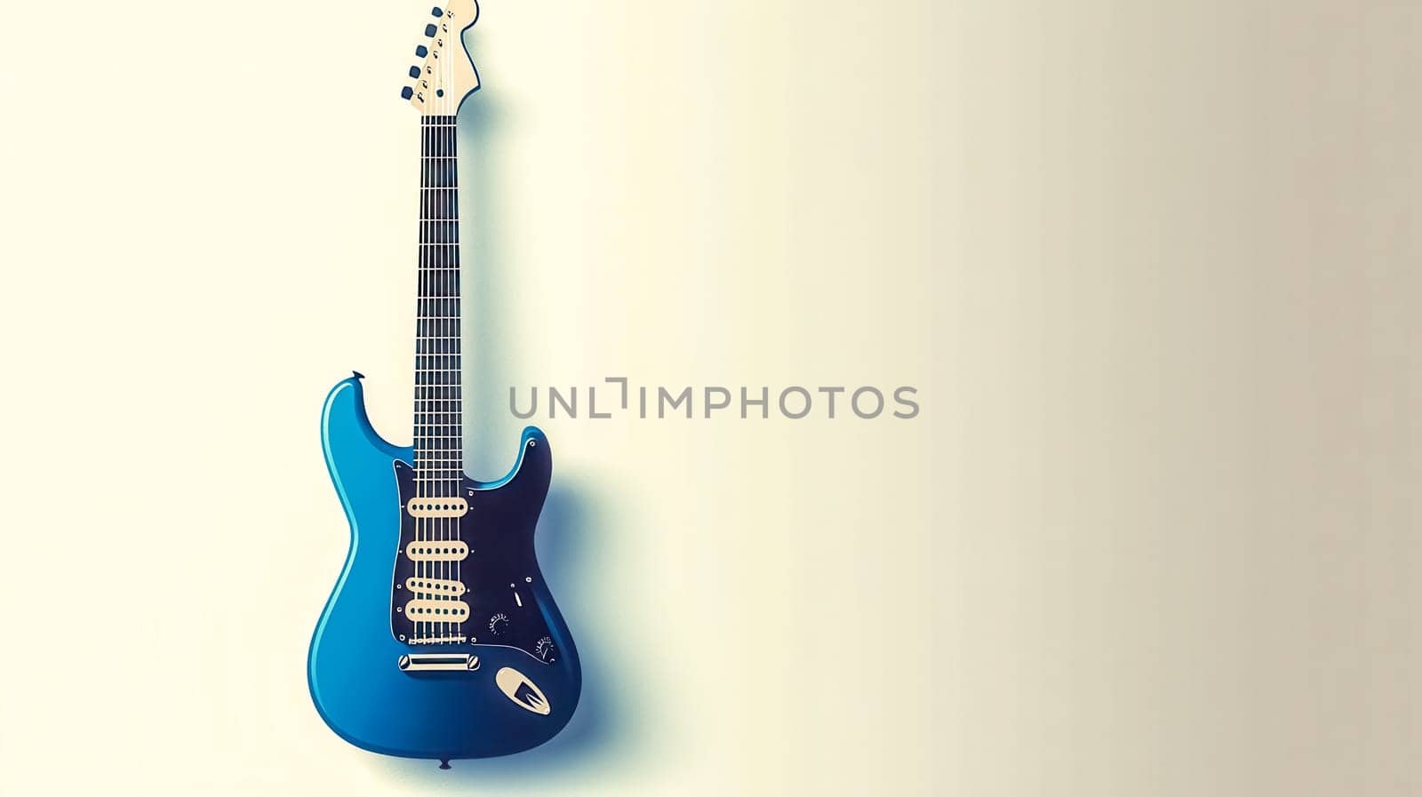 Blue electric guitar hangs on a white wall, exuding creativity and passion in music with a hint of vintage style