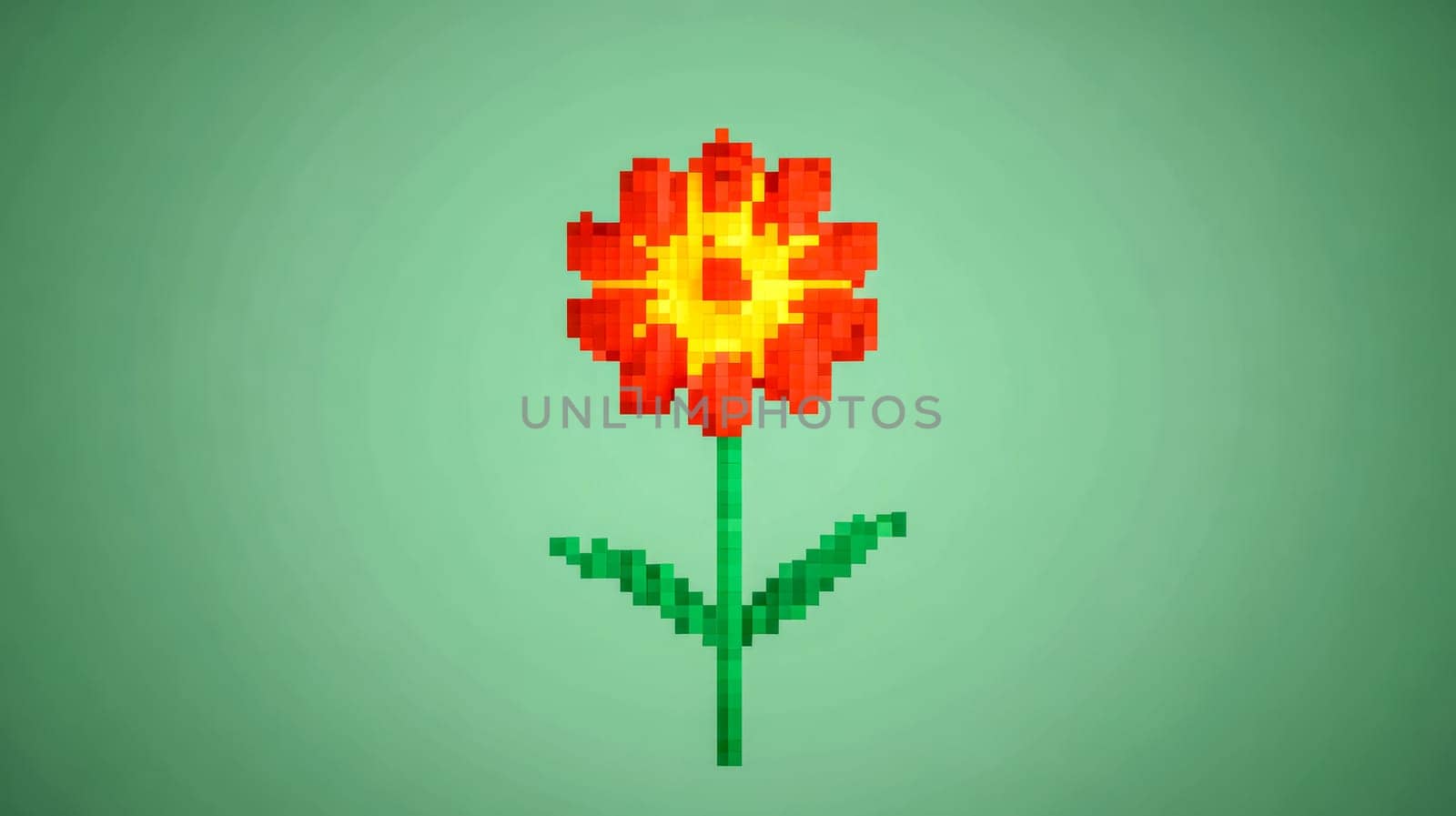 Single red and yellow flower with green stem and leaves, created in a pixel art style standing on a minimal green background