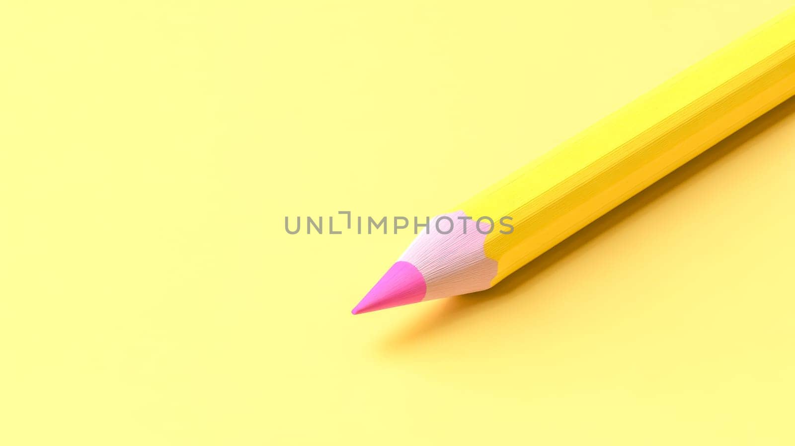 Colorful pencil on yellow background with pink eraser, perfect for creative projects. Versatile image for writing, drawing, or sketching. Lots of copy space