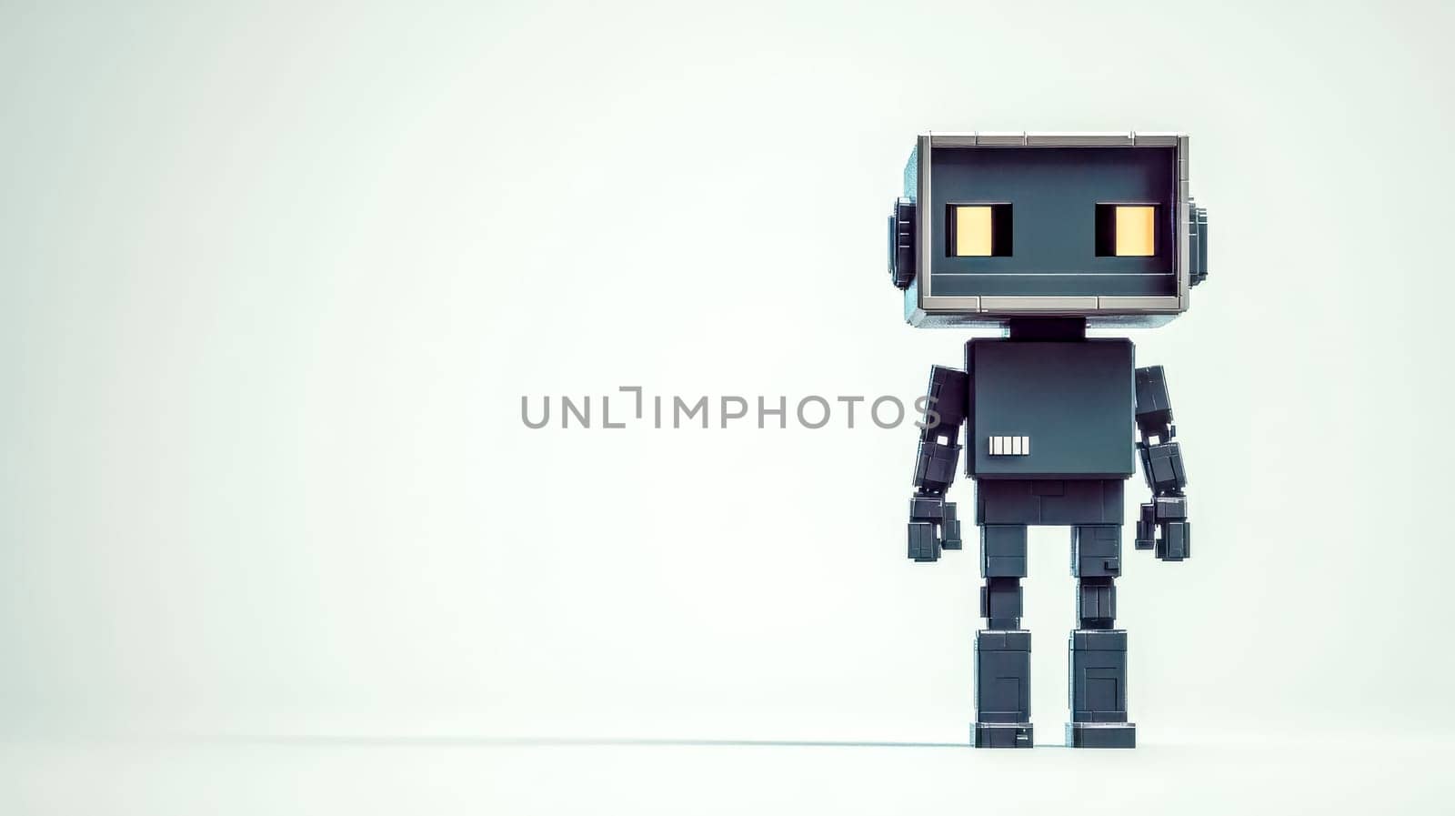 Small black robot with glowing eyes is standing on a white background, potentially symbolizing concepts like artificial intelligence or automation