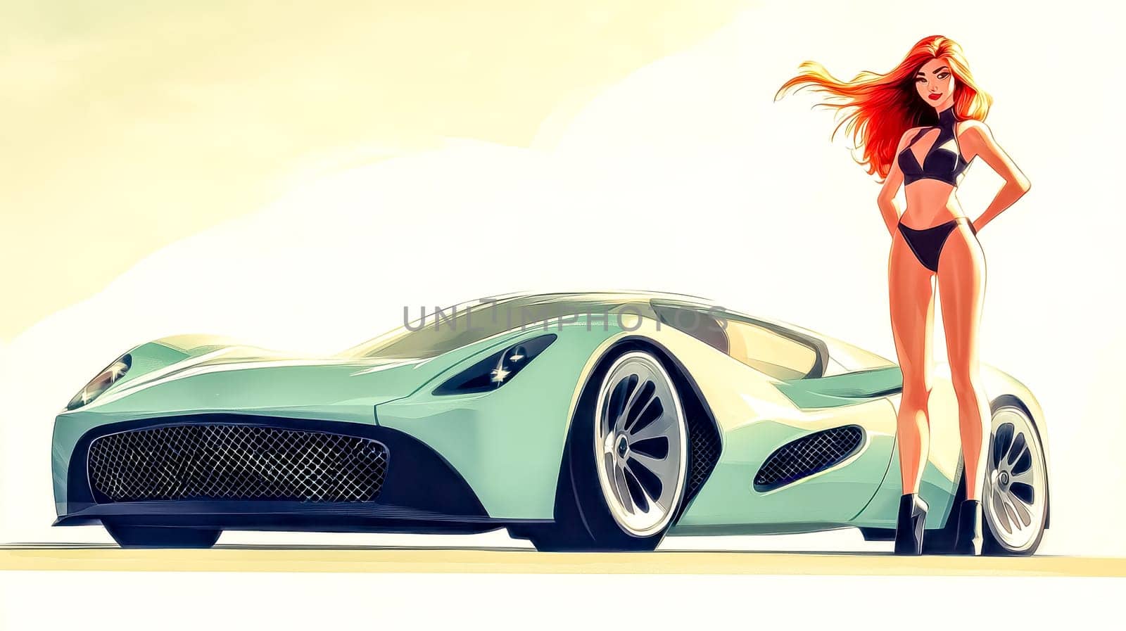 Confident woman with long red hair poses stylishly next to a sporty car, embodying elegance and speed. Standing outdoors, she exudes success and aspiration, creating a vision of wealth and beauty