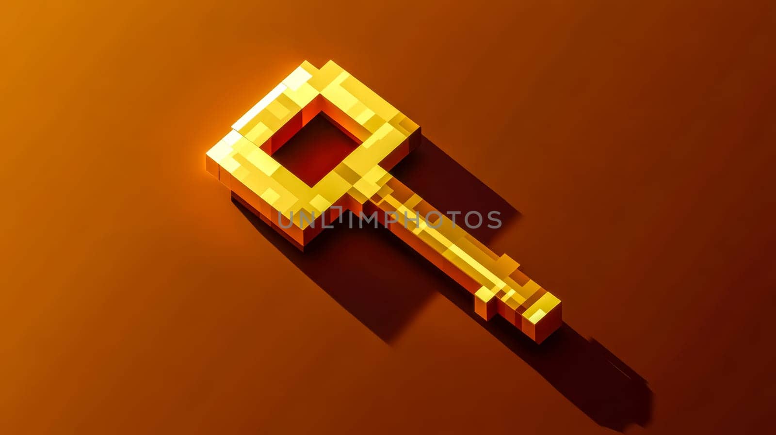 Gleaming golden key on an orange background symbolizes success and opportunity, representing wealth and achievement in business and finance