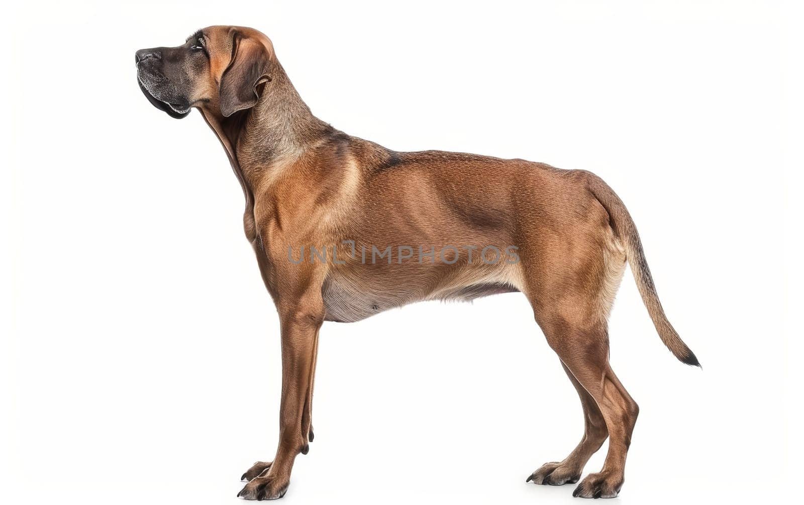 A full profile view of a Bavarian Mountain Hound standing with a proud posture, showcasing the breed's strong physique and glossy coat, isolated on white background