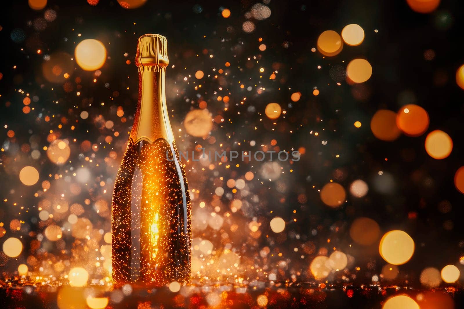 Champagne bottle on dark background with golden bokeh. Luxury new year background. AI generated